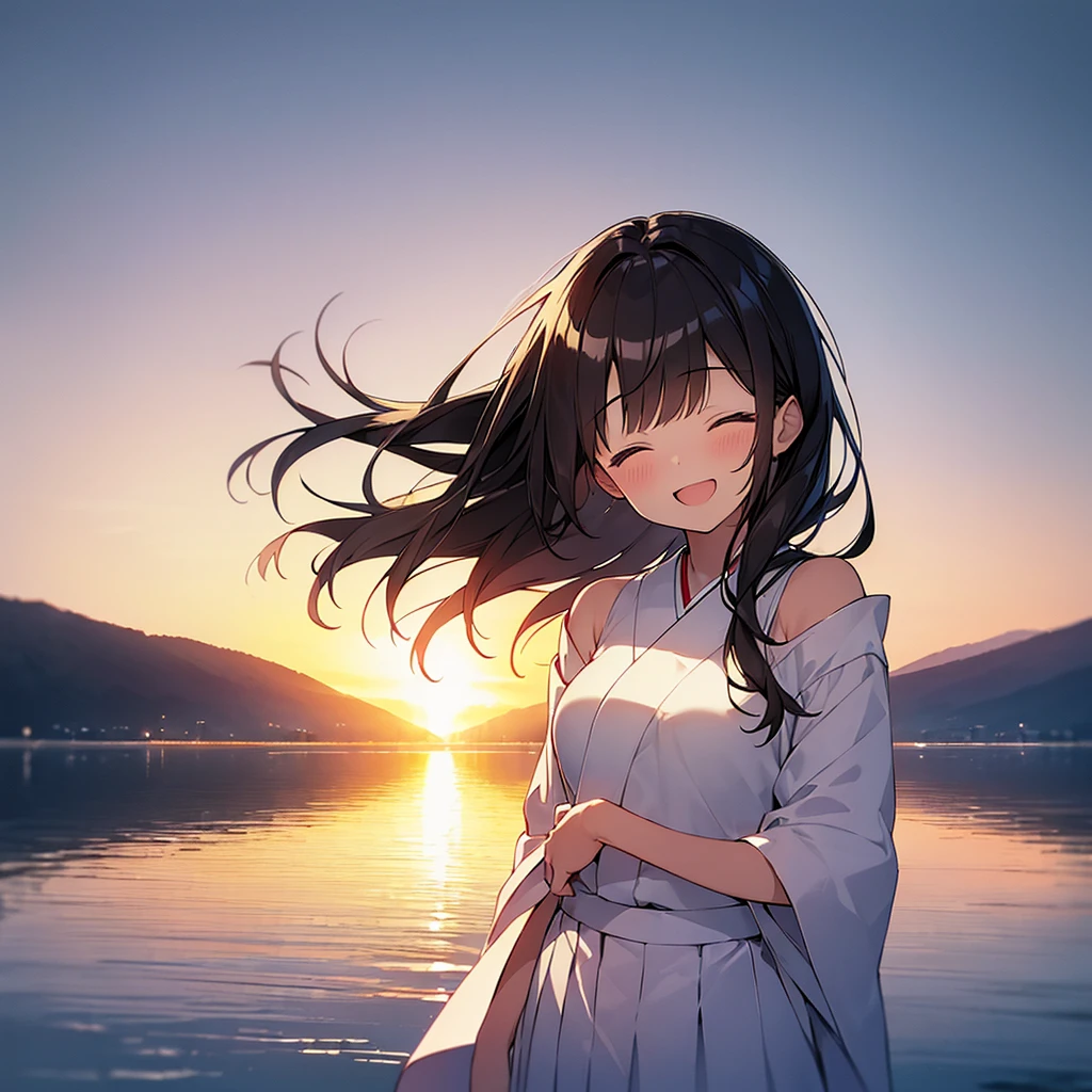 (Masterpiece, Top quality: 1.5) ,4K, from front, close up of face, 1 beautiful girl, solo, black hair, (white hakama :1.3), off shoulder, long hair, wave hair, (junior high school student:1.2), medium breasts, standard weight, smile:13, blush:1.2, closed eyes, open mouth, beautiful scene on lake, (all around the lake:1.2), Horizon, magnificent panorama view, sunset, back lighting