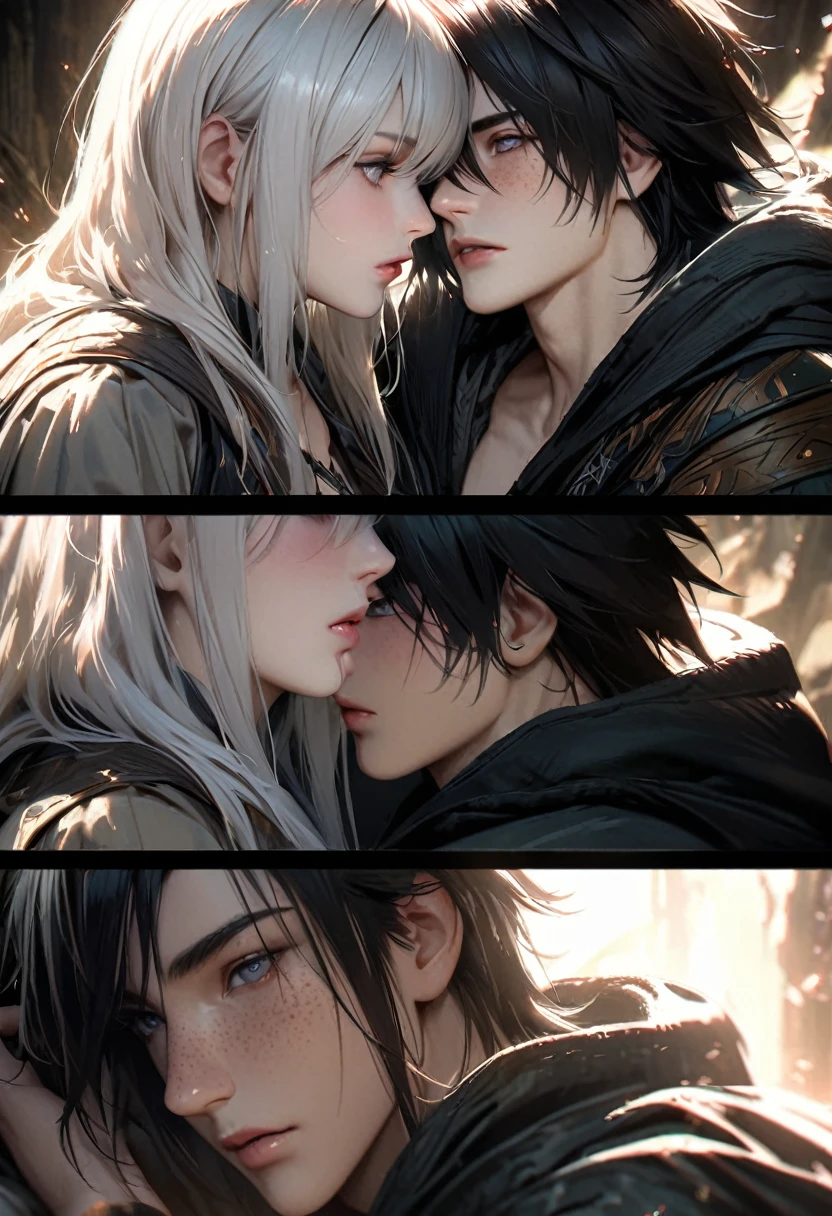 faraway view Stunning dark fantasy 20 year old anime male assassin, with long black hair grey eyes freckled skin, intimately kissing, a 20 year old male druid, handsome, with long white hair and grey eyes, shy looking lovingly into each others eyes, Dark fantasy romantic semirealistic manga comic style. Volumetric and dynamic lighting. Hyperdetailed photorealistic hyperrealistic maximalist masterpiece. perfect face and body,