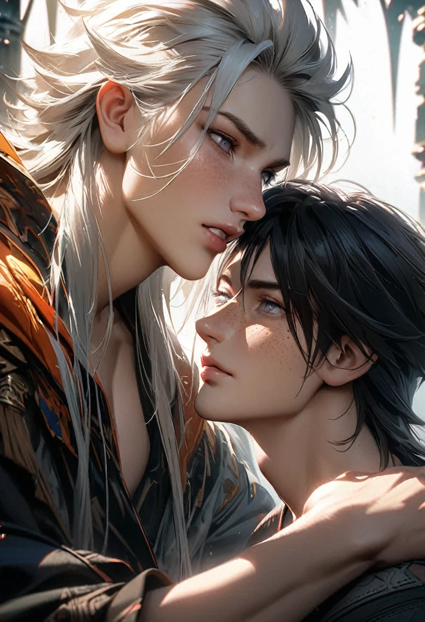 faraway view Stunning dark fantasy 20 year old anime male assassin, with long black hair grey eyes freckled skin, intimately kissing, a 20 year old male druid, handsome, with long white hair and grey eyes, shy looking lovingly into each others eyes, Dark fantasy romantic semirealistic manga comic style. Volumetric and dynamic lighting. Hyperdetailed photorealistic hyperrealistic maximalist masterpiece. perfect face and body,