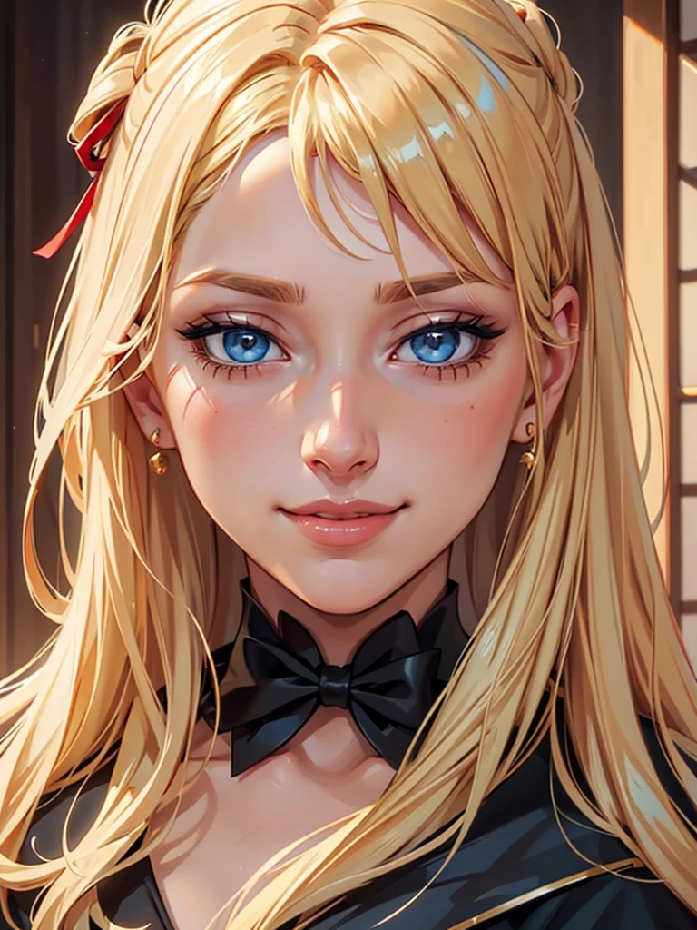 Incredibly beautiful young fatal blonde with golden hair, she has blue eyes, long golden hair beautifully styled, Masterpiece, detailed study of the face, beautiful face, beautiful facial features, perfect image, realistic pictures, detailed study of faces, full-length image, 8k, detailed image, extremely detailed illustration, a real masterpiece of the highest quality, with careful drawing. detailed eyes, beautiful face, blue eyes, smoky eyes, blonde long hair with a red ribbon, blonde, smile,