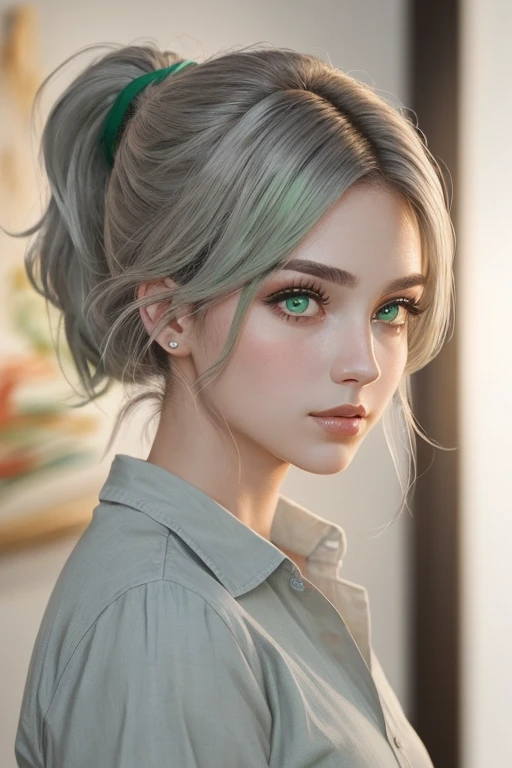 ((melhor qualidade)), ((Obra de arte)), (detalhado), rosto perfeito, grey hair, light green eyes, ponytail hair