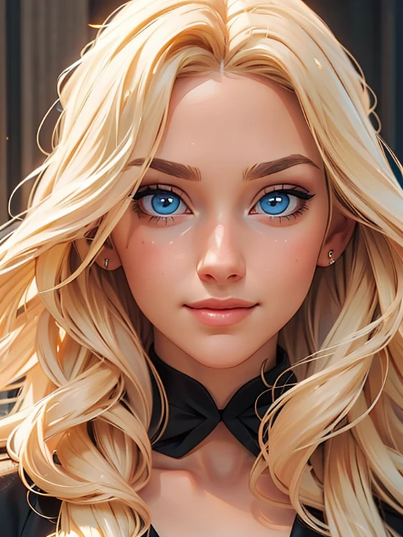 Incredibly beautiful young fatal blonde with golden hair, she has blue eyes, long golden hair beautifully styled, Masterpiece, detailed study of the face, beautiful face, beautiful facial features, perfect image, realistic pictures, detailed study of faces, full-length image, 8k, detailed image, extremely detailed illustration, a real masterpiece of the highest quality, with careful drawing. detailed eyes, beautiful face, blue eyes, smoky eyes, blonde long hair with a red ribbon, blonde, smile,