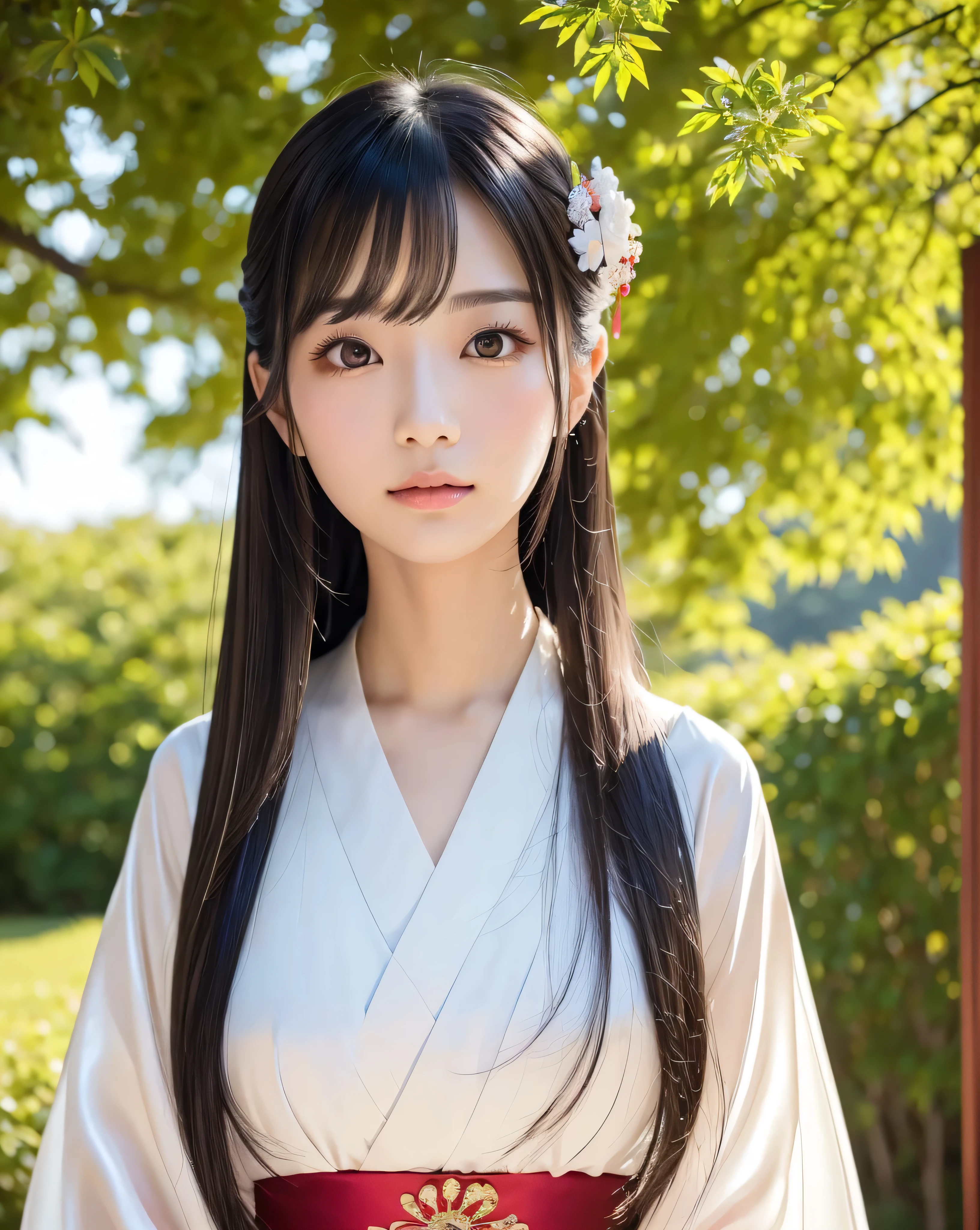 (highest quality, 32k, High resolution, Masterpiece:1.5, ), marimo_jet, god々A photograph with brilliant dazzling and healing power., Evoking a sense of calm and elusive beauty, God's chosen shrine maiden princess々New Dance, Expressing emotions, Have a rich imagination, Beautiful Japanese Girls, An exceptionally beautiful face, Small Face Beauty, Perfect Human Anatomy, Magical big eyes, Motherhood and generosity, Deep Love, Fleeting Expression, ((Shiny black hair:1.1)), ((Super long straight silk hair with crystal ornaments)), Asymmetrical bangs, Hair between the eyes, Transparent, soft white skin, Sharp eyebrows, Thin lashes, ((Natural Makeup:1.1)), Cheek highlighter, Pale pink detailed lips, ((Japanese traditional shrine maiden clothing:1.1)), Slim figure with ample breasts, ((The beautiful and dignified God Company:1.2)), Detailed summer sky, Hair that shines in the dazzling midsummer sunlight, Gentle sunlight filtering through the treesProfessional lighting, Professional photographer, Professional models, God's Secret