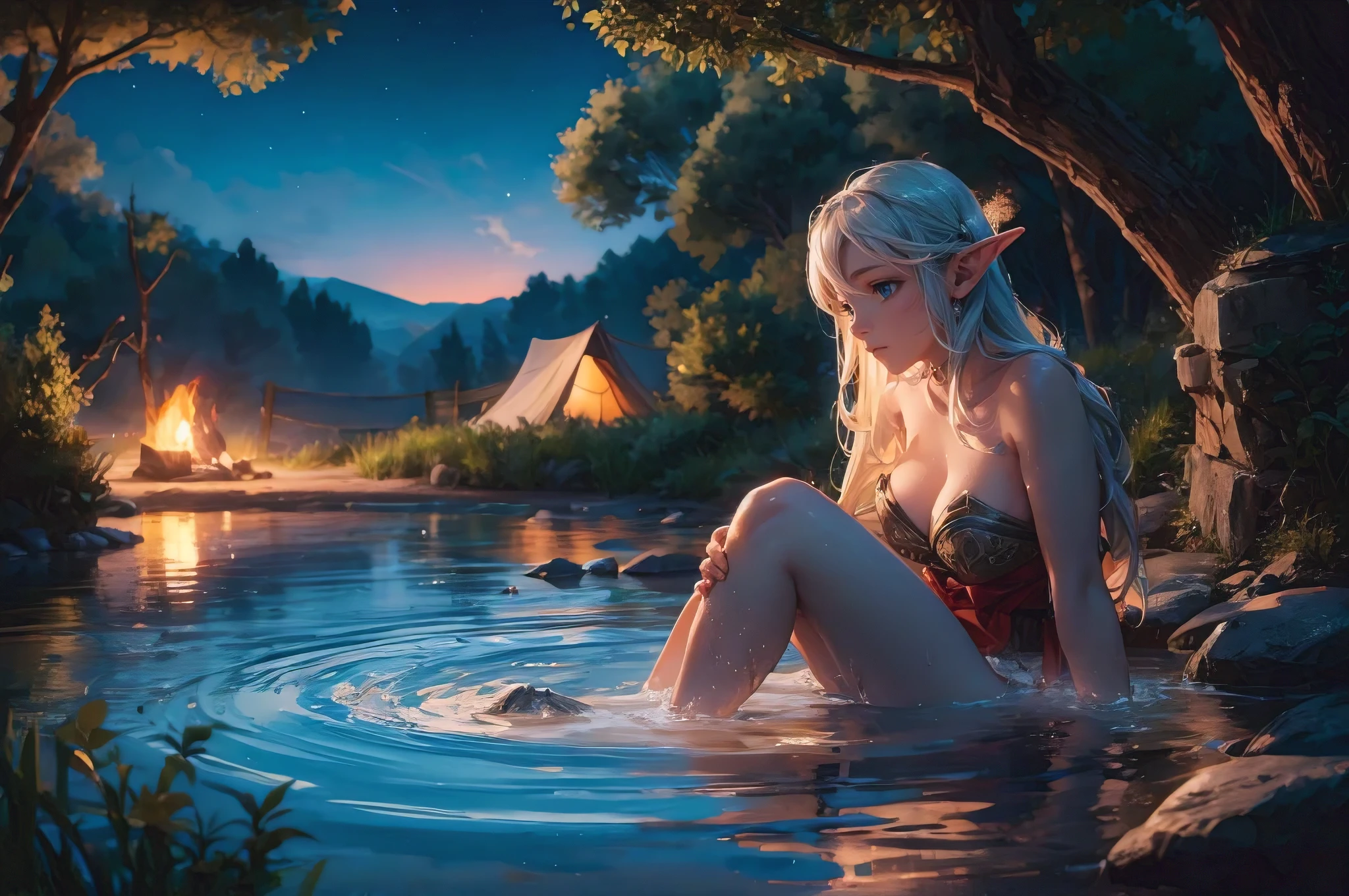 a beautiful lone elf ranger is taking her bath in the river nearby, her camp can be seen at the riverbed, with campfire brightly lit, late evening, peaceful scene, photorealistic, fantasy, illustration