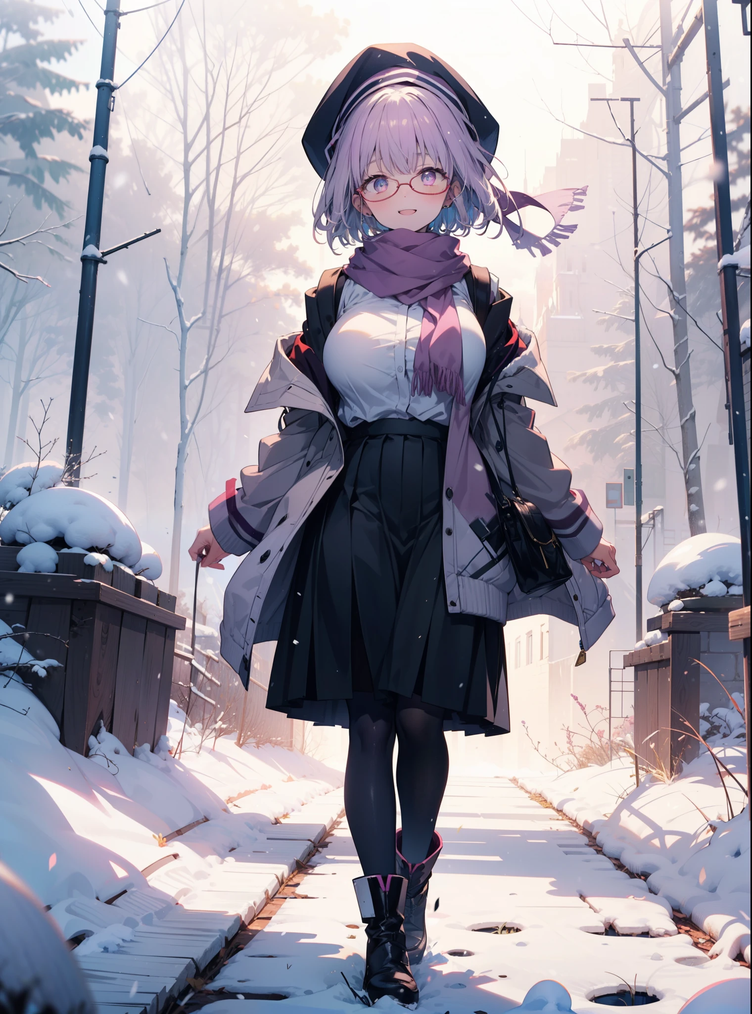 akaneshinjou, shinjou akane, Light purple hair, (Pink Eyes:1.2), short hair,Akagi Glasses,hair band,,White Breath,Big Breasts,Purple coat,White sweater,happy smile, smile, Open your mouth,Black long skirt,Gray pantyhose,Red scarf,short boots,Knitted hat,Daytime,cloudy,snow,snowが降り積もっている,whole bodyがイラストに入るように,Looking down from above,
 break looking at viewer,whole body,               　　　　　　　 break outdoors 森, nature, 　　　　　　　　　　　break (masterpiece:1.2), highest quality, High resolution, unity 8k wallpaper, (shape:0.8), (Beautiful and beautiful eyes:1.6), Highly detailed face, Perfect lighting, Extremely detailed CG, (Perfect hands, Perfect Anatomy),