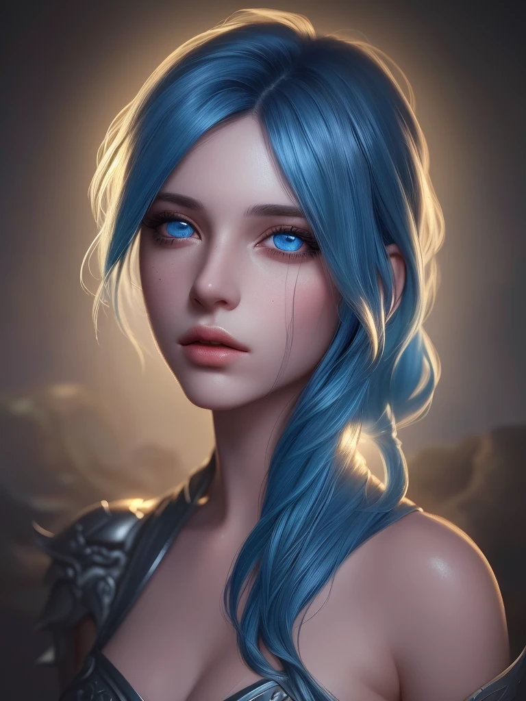 1girl, blue hair, beautiful detailed eyes, beautiful detailed lips, extremely detailed face, long eyelashes, detailed portrait, fantasy art, cinematic lighting, intricate details, volumetric lighting, chiaroscuro, dramatic shadows, vibrant colors, hyper realistic, digital painting, 8k, high resolution, best quality, photorealistic, (masterpiece:1.2)