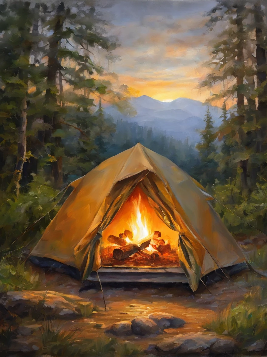 Untouched and untouched nature、Under the gentle sunset、(tent and campfire:1.5)、camp site、Lush forest、A meandering river(sunset:1.5)、evening、Dramatic lighting、Breathtaking natural scenery like in a movie、Super detailedなドローン空撮写真(highest quality、8k、High resolution、masterpiece: 1.2)、Super detailed、(Real、Photorealistic、Photorealistic: 1.37)