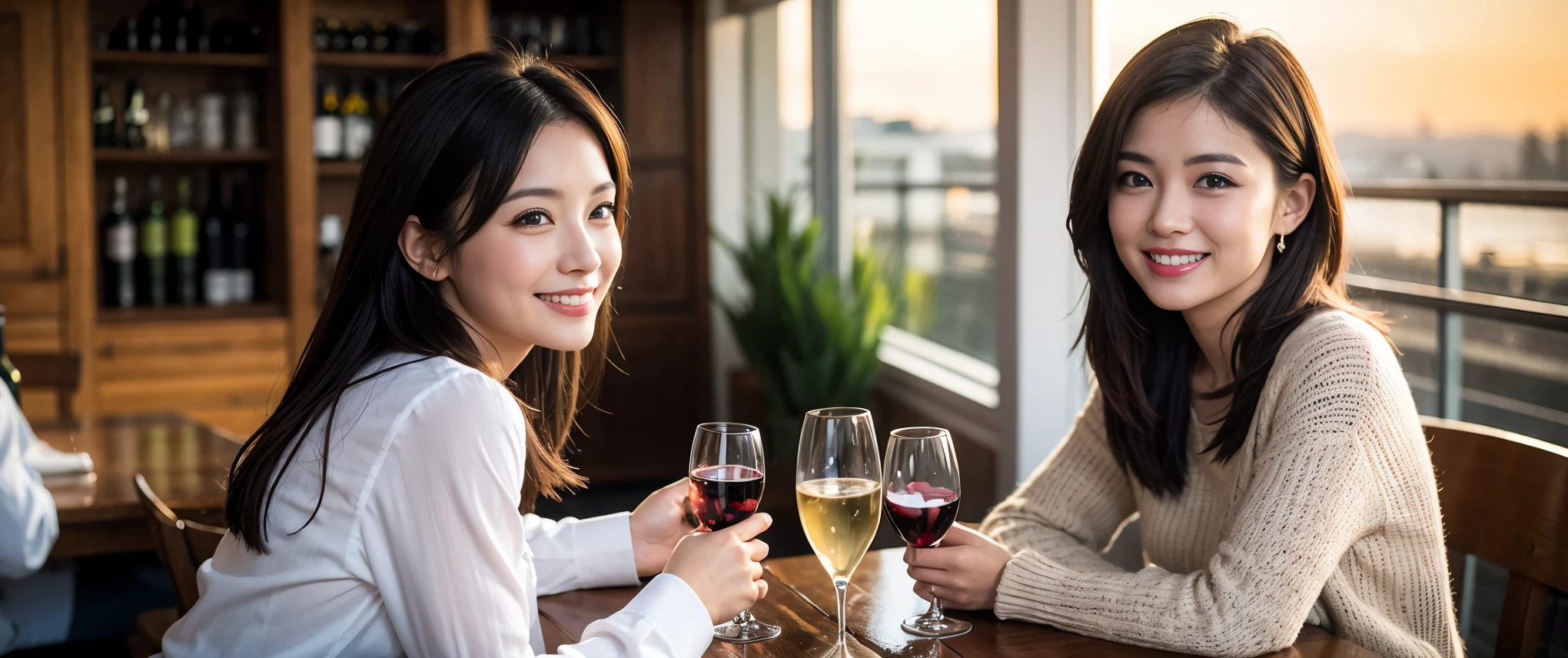 (highest quality、8k、masterpiece:1.3)、Beautiful woman with perfect figure:1.4、Dark brown hair、Wine Party 、2 people、Highly detailed face and skin、Fine grain、double eyelid、Huge Mile、30th generation、Sex Appeal、テーブルにwine glass、Facial lighting、 Amazing view of the sunset sky and clouds、Amazing mountain views、ニコニコ明るいsmile、smileの素敵な女性、Bright image、 Beautiful Face, blue eyes, Blushing, short hair,Bright Face、 (Age 37), 39 years old, Lady、red wine 、Appetizers、Italian food、wine bottle、Champagne、sparkling wine、Two beauties、Brown Hair、Shortcuts、Long sleeve shirt、dress、Pretty Woman 1, (slimな顔), (The body is slim), (Brown Hair), (Shortcuts), cheeks turn a little red,Attractive beauty、restaurant, In a prominent place (From the waist up) Nova Frog Style, actress, model, Upper Body, White wine, slim, wine glass, 真ん中に置かれたwine glass, smile, (smile: 1.15), Beautiful fine grain, Depth f/2,saturation, High Contrast, Strong light and shadow,Moist Body:1.5、3D texture、Delicate eyes、Brown Hair、The hair is very shiny、