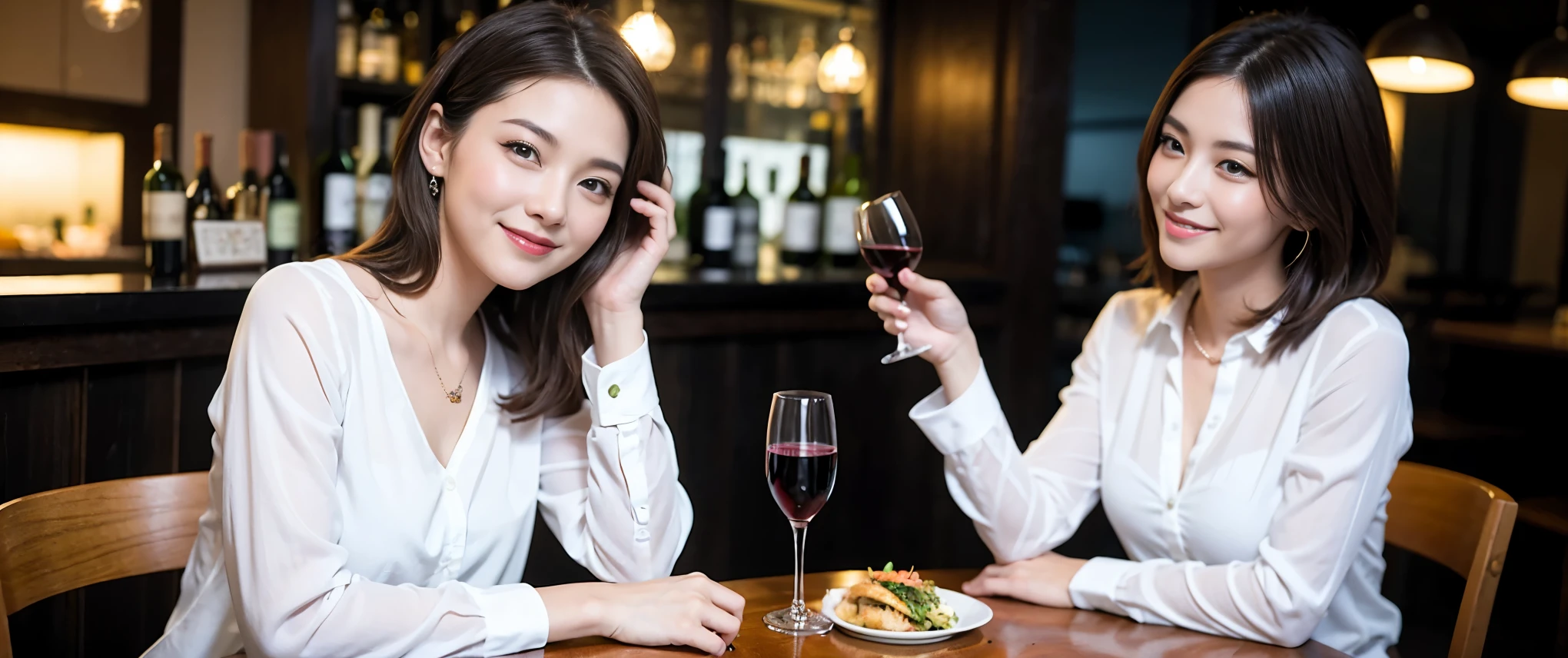 (highest quality、8k、masterpiece:1.3)、Beautiful woman with perfect figure:1.4、Dark brown hair、Wine Party 、2 people、Highly detailed face and skin、Fine grain、double eyelid、Huge Mile、30th generation、Sex Appeal、テーブルにwine glass、Facial lighting、 Amazing view of the sunset sky and clouds、Amazing mountain views、ニコニコ明るいsmile、smileの素敵な女性、Bright image、 Beautiful Face, blue eyes, Blushing, short hair,Bright Face、 (Age 37), 39 years old, Lady、red wine 、Appetizers、Italian food、wine bottle、Champagne、sparkling wine、Two beauties、Brown Hair、Shortcuts、Long sleeve shirt、dress、Pretty Woman 1, (slimな顔), (The body is slim), (Brown Hair), (Shortcuts), cheeks turn a little red,Attractive beauty、restaurant, In a prominent place (From the waist up) Nova Frog Style, actress, model, Upper Body, White wine, slim, wine glass, 真ん中に置かれたwine glass, smile, (smile: 1.15), Beautiful fine grain, Depth f/2,saturation, High Contrast, Strong light and shadow,Moist Body:1.5、3D texture、Delicate eyes、Brown Hair、The hair is very shiny、