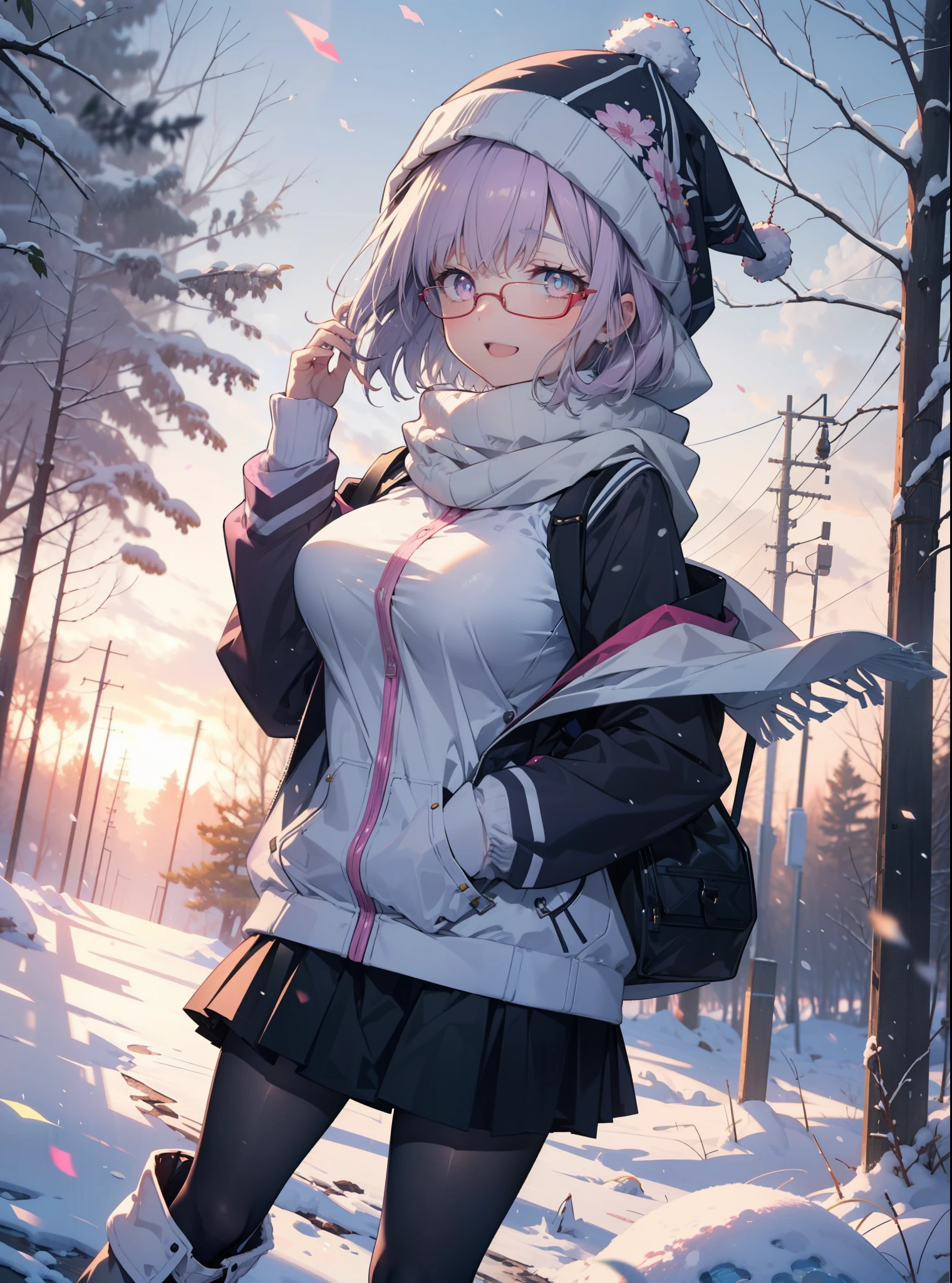 akaneshinjou, shinjou akane, Light purple hair, (Pink Eyes:1.2), short hair,Akagi Glasses,hair band,,White Breath,Big Breasts,Purple coat,White sweater,happy smile, smile, Open your mouth,Black long skirt,Gray pantyhose,Red scarf,short boots,Knitted hat,Daytime,cloudy,snow,snowが降り積もっている,whole bodyがイラストに入るように,Looking down from above,
 break looking at viewer,whole body,               　　　　　　　 break outdoors 森, nature, 　　　　　　　　　　　break (masterpiece:1.2), highest quality, High resolution, unity 8k wallpaper, (shape:0.8), (Beautiful and beautiful eyes:1.6), Highly detailed face, Perfect lighting, Extremely detailed CG, (Perfect hands, Perfect Anatomy),