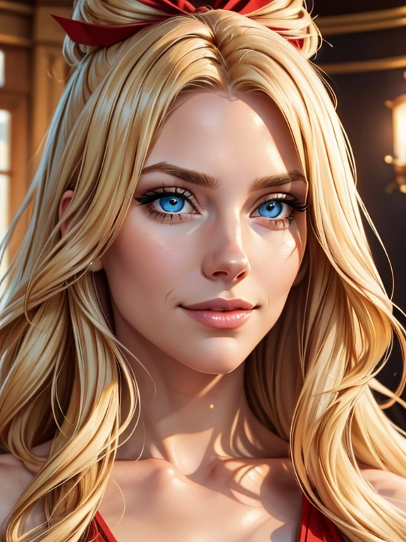 Incredibly beautiful young fatal blonde with golden hair, she has blue eyes, long golden hair beautifully styled, Masterpiece, detailed study of the face, beautiful face, beautiful facial features, perfect image, realistic pictures, detailed study of faces, full-length image, 8k, detailed image, extremely detailed illustration, a real masterpiece of the highest quality, with careful drawing. detailed eyes, beautiful face, blue eyes, smoky eyes, blonde long hair with a red ribbon, blonde, smile,
