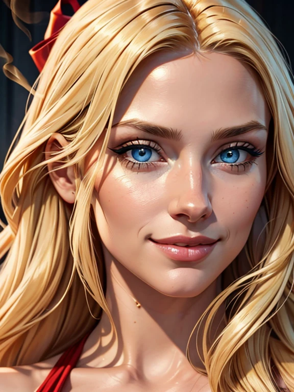 Incredibly beautiful young fatal blonde with golden hair, she has blue eyes, long golden hair beautifully styled, Masterpiece, detailed study of the face, beautiful face, beautiful facial features, perfect image, realistic pictures, detailed study of faces, full-length image, 8k, detailed image, extremely detailed illustration, a real masterpiece of the highest quality, with careful drawing. detailed eyes, beautiful face, blue eyes, smoky eyes, blonde long hair with a red ribbon, blonde, smile,