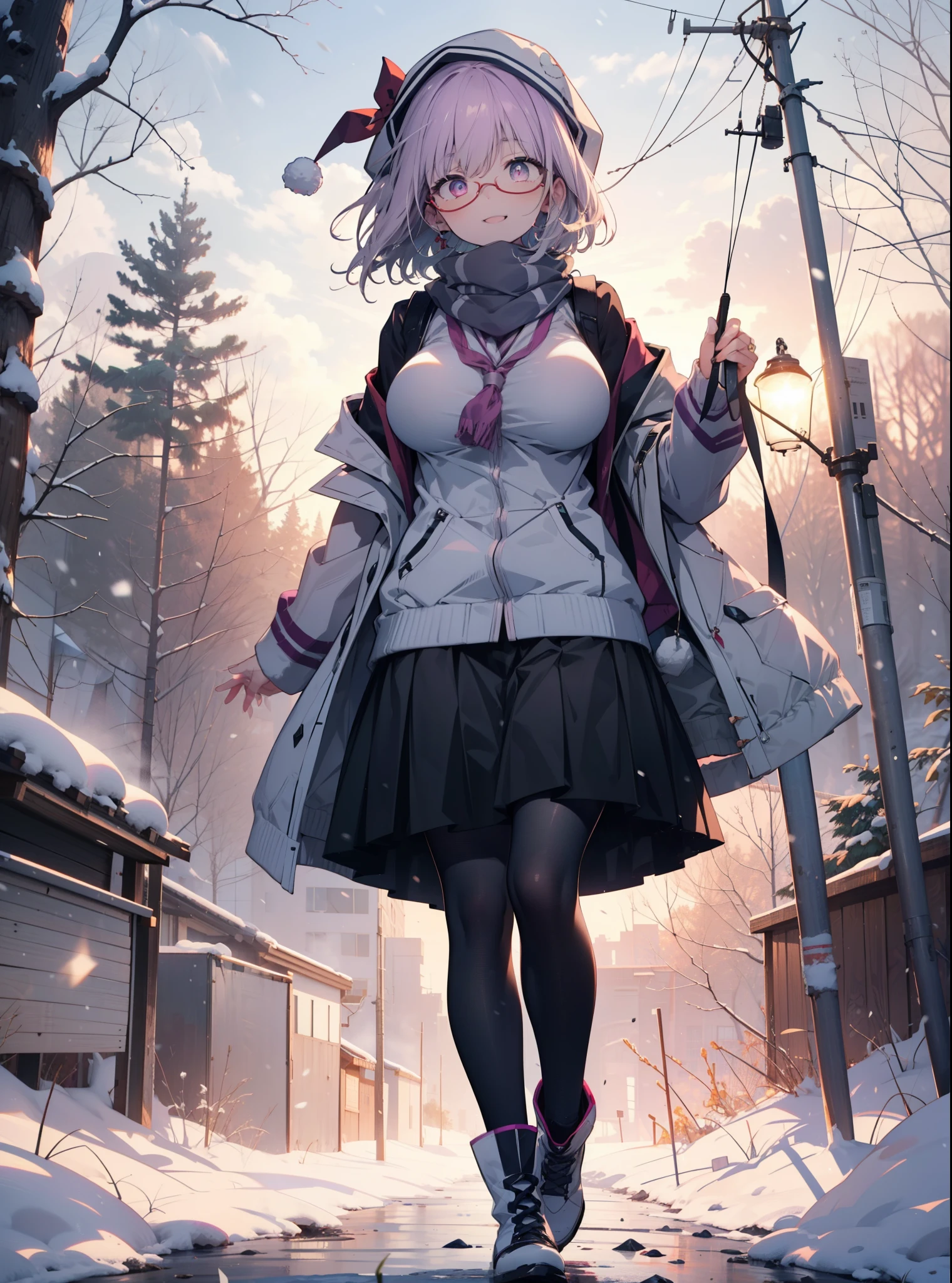 akaneshinjou, shinjou akane, Light purple hair, (Pink Eyes:1.2), short hair,Akagi Glasses,hair band,,White Breath,Big Breasts,Purple coat,White sweater,happy smile, smile, Open your mouth,Black long skirt,Gray pantyhose,Red scarf,short boots,Knitted hat,Daytime,cloudy,snow,snowが降り積もっている,whole bodyがイラストに入るように,Looking down from above,
 break looking at viewer,whole body,               　　　　　　　 break outdoors 森, nature, 　　　　　　　　　　　break (masterpiece:1.2), highest quality, High resolution, unity 8k wallpaper, (shape:0.8), (Beautiful and beautiful eyes:1.6), Highly detailed face, Perfect lighting, Extremely detailed CG, (Perfect hands, Perfect Anatomy),