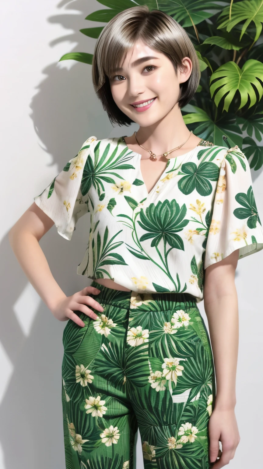 231 (18-year-old female,Floral clothes), ((short hair:1.46)), (Pants Style), (A kind smile), (Jungle Pattern)