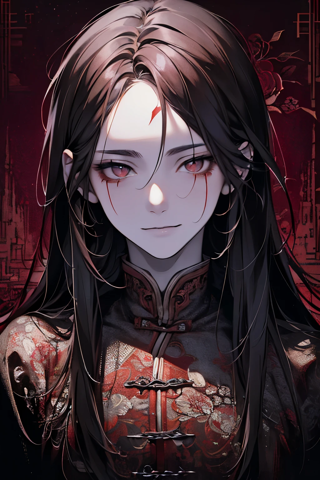 ((Male, around 18 years old:1.2)),(extremely detailed 8K wallpaper),(ultra-detailed),(best quality),(masterpiece),(highly detailed),(cinematic lighting),(Original),Cold ligh,moody,(Chinese elaborate-style painting ),ink style,32K depth of field,1girl,solo,((busts)),((red marks on forehead)),(((villain image))),smile