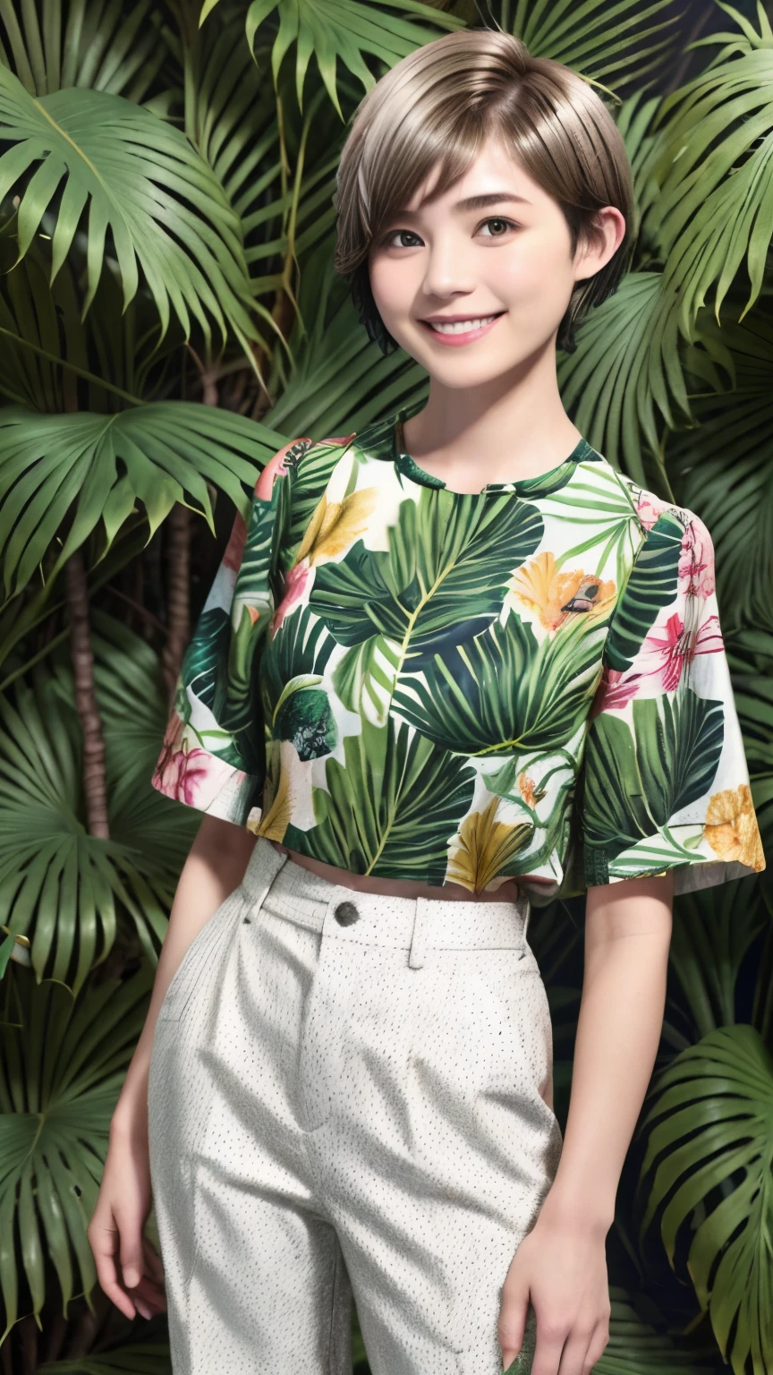 231 (18-year-old female,Floral clothes), ((short hair:1.46)), (Pants Style), (A kind smile), (Jungle Pattern)