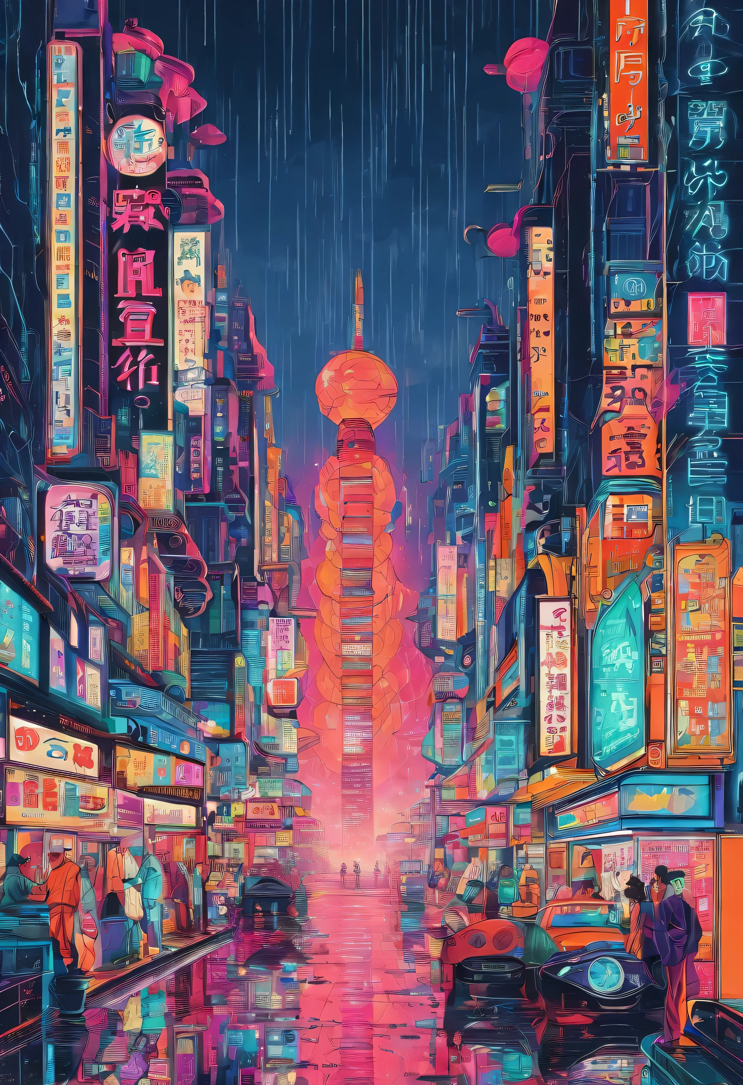 Tokyo, 2040, rain, building lights, 