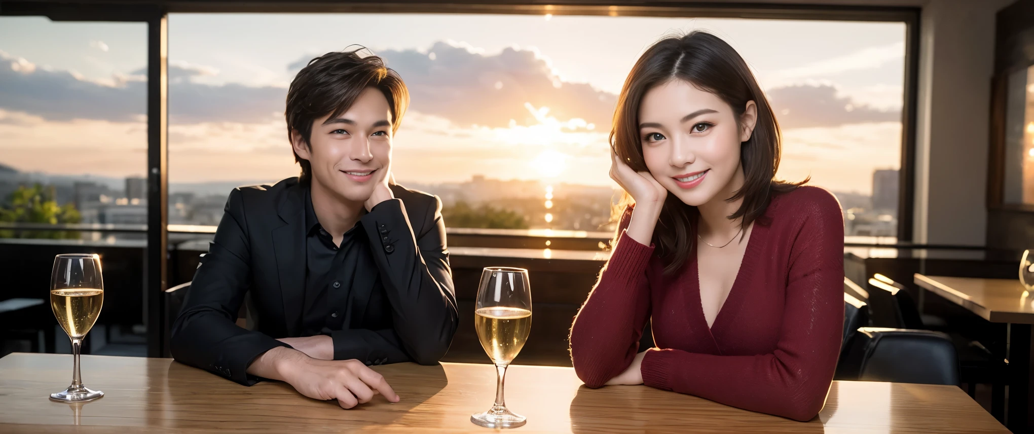(highest quality、8k、masterpiece:1.3)、Beautiful woman with perfect figure:1.4、Dark brown hair、Wine 、2 people、Highly detailed face and skin、Fine grain、double eyelid、Huge Mile、30th generation、Sex Aal、テーブルにwine glass、Facial lighting、 Amazing view of the sunset sky and clouds、Amazing mountain views、ニコニコ明るいsmile、smileの素敵な女性、Bright image、 Beautiful Face, blue eyes, Blushing, short hair,Bright Face、 (Age 37),ears old, Lady、red wine 、Appetizers、Italian food、wine bottle、Champagne、sparkling wine、Two beauties、Brown Hair、Shortcuts、Long sleeve shirt、dress、Pretty Woman 1, (slimな顔), (The body is slim), (Brown Hair), (Shortcuts), cheeks turn a little red,Attractive beauty、restaurant, In a prominent place (From the waist up) Nova Frog Style, actress, model, Upper Body, White wine, slim, wine glass, 真ん中に置かれたwine glass, smile, (smile: 1.15), Beautiful fine grain, Depth f/2,saturation, High Contrast, Strong light and shadow,Moist Body:1.5、3D texture、Delicate eyes、Brown Hair、The hair is very shiny、