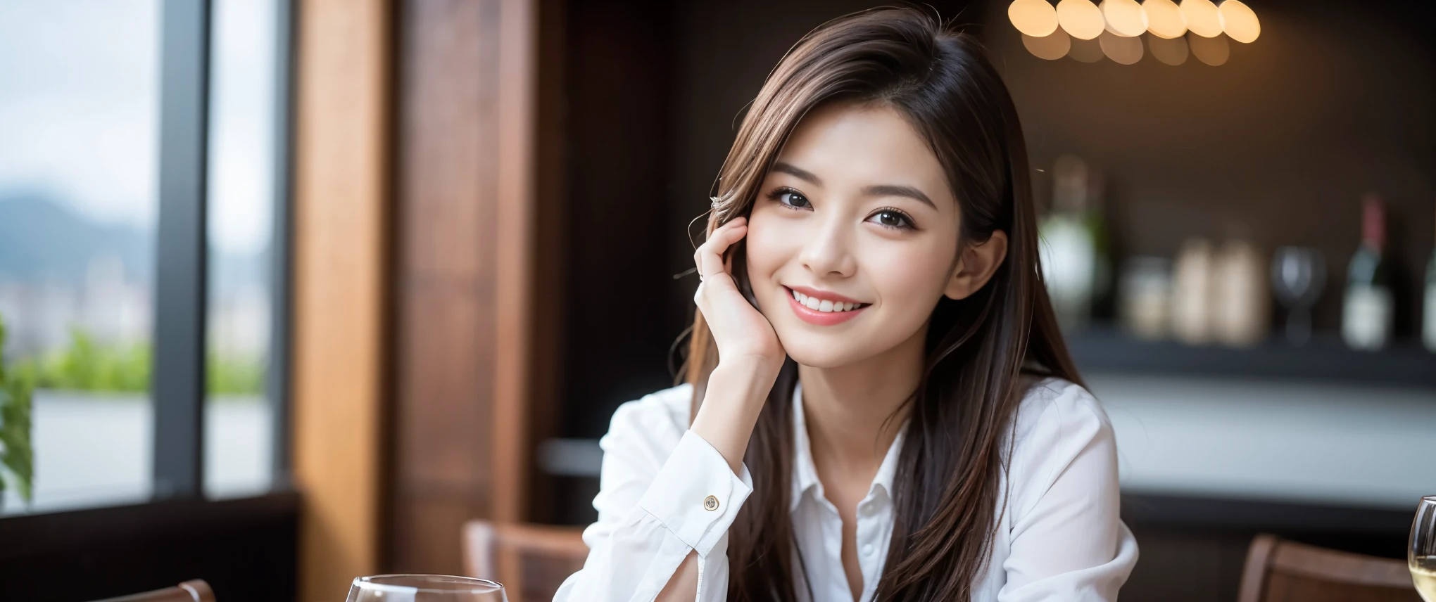 (highest quality、8k、masterpiece:1.3)、Beautiful woman with perfect figure:1.4、Dark brown hair、Wine Party 、2 people、Highly detailed face and skin、Fine grain、double eyelid、Huge Mile、30th generation、Sex Appeal、テーブルにwine glass、Facial lighting、 Amazing view of the sunset sky and clouds、Amazing mountain views、ニコニコ明るいsmile、smileの素敵な女性、Bright image、 Beautiful Face, blue eyes, Blushing, short hair,Bright Face、 (Age 37), 39 years old, Lady、red wine 、Appetizers、Italian food、wine bottle、Champagne、sparkling wine、Two beauties、Brown Hair、Shortcuts、Long sleeve shirt、dress、Pretty Woman 1, (slimな顔), (The body is slim), (Brown Hair), (Shortcuts), cheeks turn a little red,Attractive beauty、restaurant, In a prominent place (From the waist up) Nova Frog Style, actress, model, Upper Body, White wine, slim, wine glass, 真ん中に置かれたwine glass, smile, (smile: 1.15), Beautiful fine grain, Depth f/2,saturation, High Contrast, Strong light and shadow,Moist Body:1.5、3D texture、Delicate eyes、Brown Hair、The hair is very shiny、