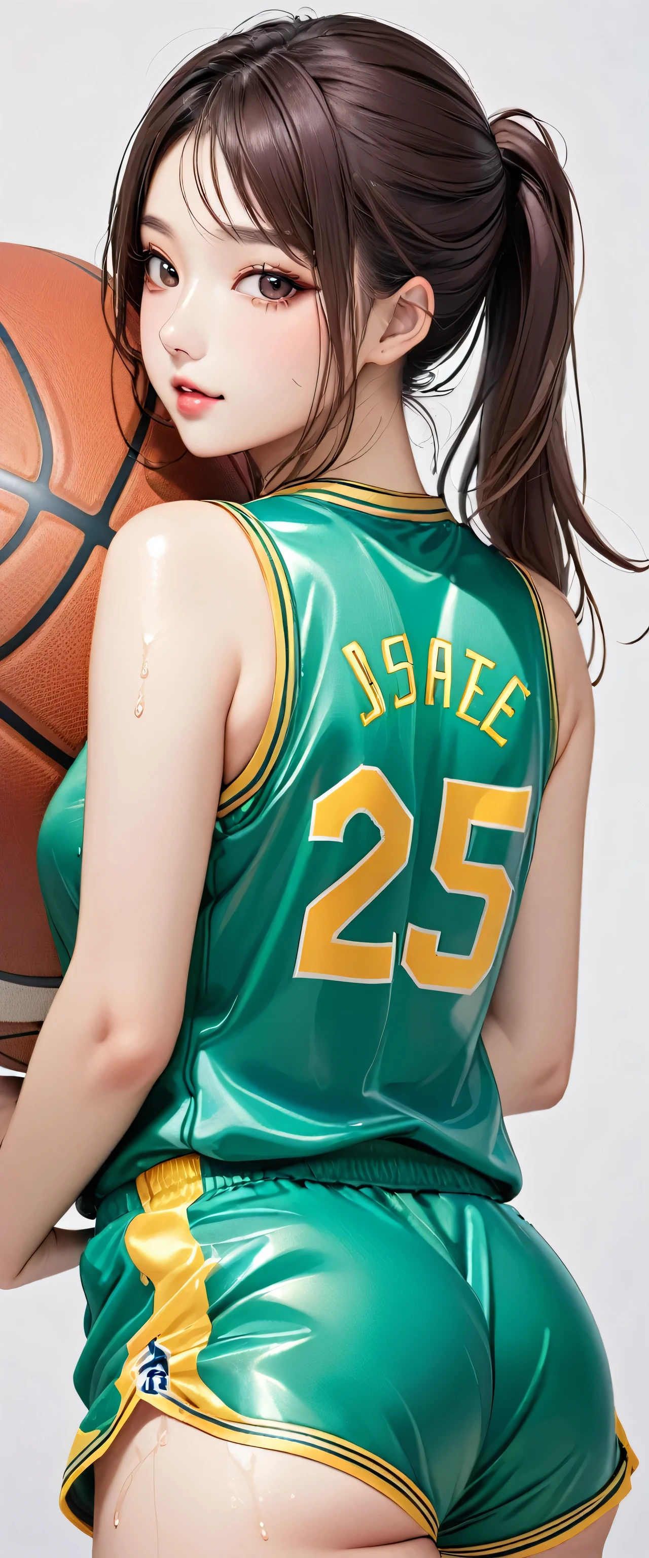 (masterpiece,highest quality,超A high resolution),Japanese women, (((Very beautiful 25 year old girl))), pretty girl、Look at the photographer､  ((Beautiful low ponytail)), Very cute face, Glossy lips, Double eyelids on both eyes,Natural smile、 Natural Makeup, Long eyelashes, Shiny and smooth hair､Center image,  Perfect limbs, Perfect Anatomy,(((Basketball Sleeveless Uniform)))、,(Wet with sweat),,Looking Back