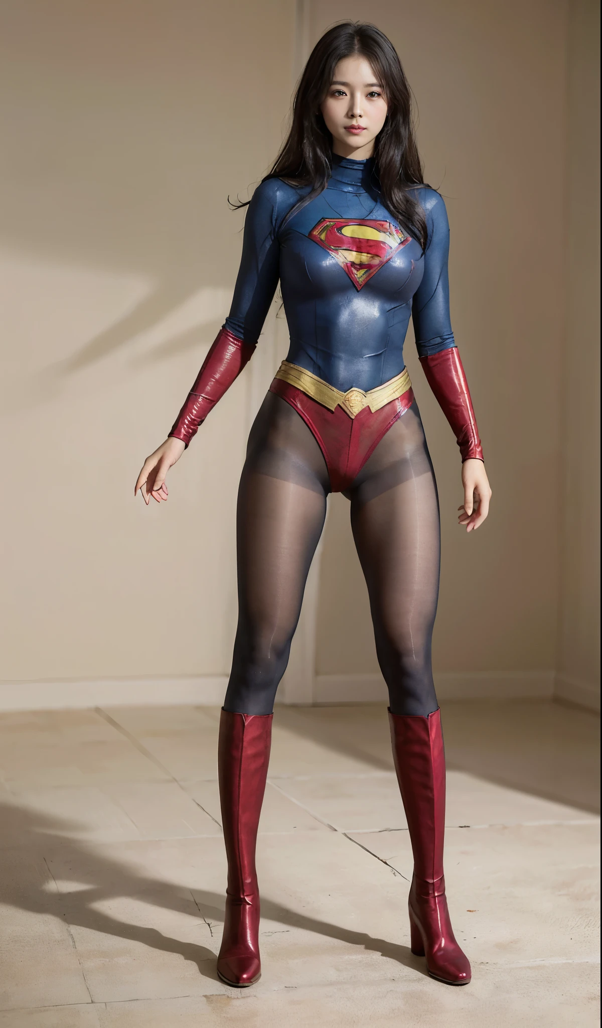 No background、(((Beautiful legs in black tights.)))、(((Legally express the beauty of your smile)))、((((Make the most of your original images)))、(((Supergirl Costume)))、(((Beautiful Hair)))、(((suffering)))、(((Please wear black tights....、Wear red boots)))、((Best image quality、8k))、((highest quality、8k、masterpiece:1.3))、(((Preserve background )))、Sharp focus:1.2、Beautiful woman with perfect figure:1.4、Slim Abs:1.2、Wet body:1.5、Highly detailed face and skin texture、8k