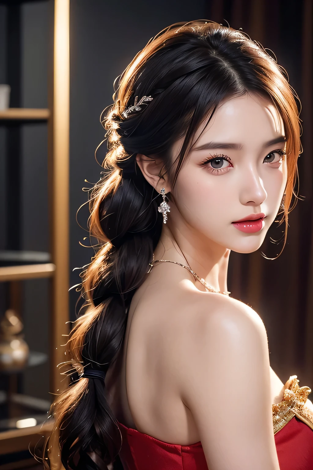 High-quality work,Realistic works,Super premium graphics,8K HD CG works,high quality graphics,High-definition and exquisite CG works,10x pixels,Ultra-fine details:1.1,Advanced technical details:1.1Realistic photo effects,Interior lighting effects:1.5,natural soft light:1.5. Light effect(Virtual light effects:1.8),Ultra-high resolution,shining dress,sliver long hair,silber hair,transparenthair,high detailed hair(Quality hair details:1.1)Clear eyes,Double eyelids look good,Sharp eye makeup, Create exquisite eyelash makeup, tthin eyebrows, Ultra-detailed eyes,a tall nose, lovely red lips, rosey cheeks, With delicate makeup on her face , pretty face, The face shape is perfectly proportioned,(Advanced facial details:1.1) vibrant colors, female, masterpiece, sharp focus, best quality, depth of field, cinematic lighting, white hair, red eyes, braid, dress, long hair, red eyes, tattoo, earrings, jewelry, black dress, hair ornament, bangs, chinese clothes, breasts, china dress, sleeveless, ,Women's artwork,Dress full body video,Reality,Amazing Cleavage,My eyes are very bright today