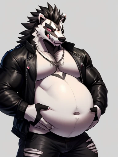 Obstagoon, , dressed like a rockstar, muscular, bashful expression, closing his jacket over his belly, huge belly, vore