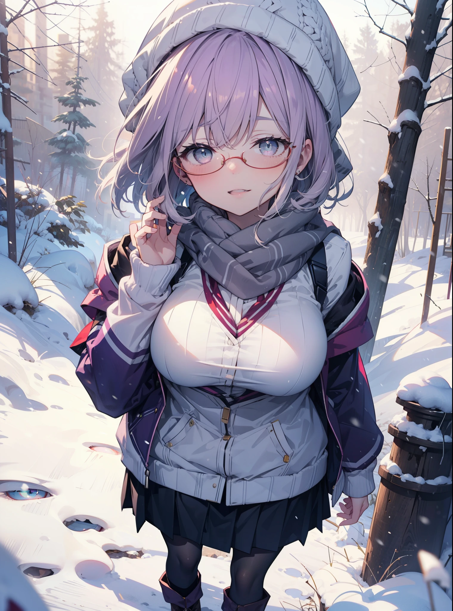 akaneshinjou, shinjou akane, Light purple hair, (Pink Eyes:1.2), short hair,Akagi Glasses,hair band,,White Breath,Big Breasts,Purple coat,White sweater,happy smile, smile, Open your mouth,Black long skirt,Gray pantyhose,Red scarf,short boots,Knitted hat,Daytime,cloudy,snow,snowが降り積もっている,whole bodyがイラストに入るように,Looking down from above,
break looking at viewer,whole body, break outdoors 森, nature, break (masterpiece:1.2), highest quality, High resolution, unity 8k wallpaper, (shape:0.8), (Beautiful and beautiful eyes:1.6), Highly detailed face, Perfect lighting, Extremely detailed CG, (Perfect hands, Perfect Anatomy),