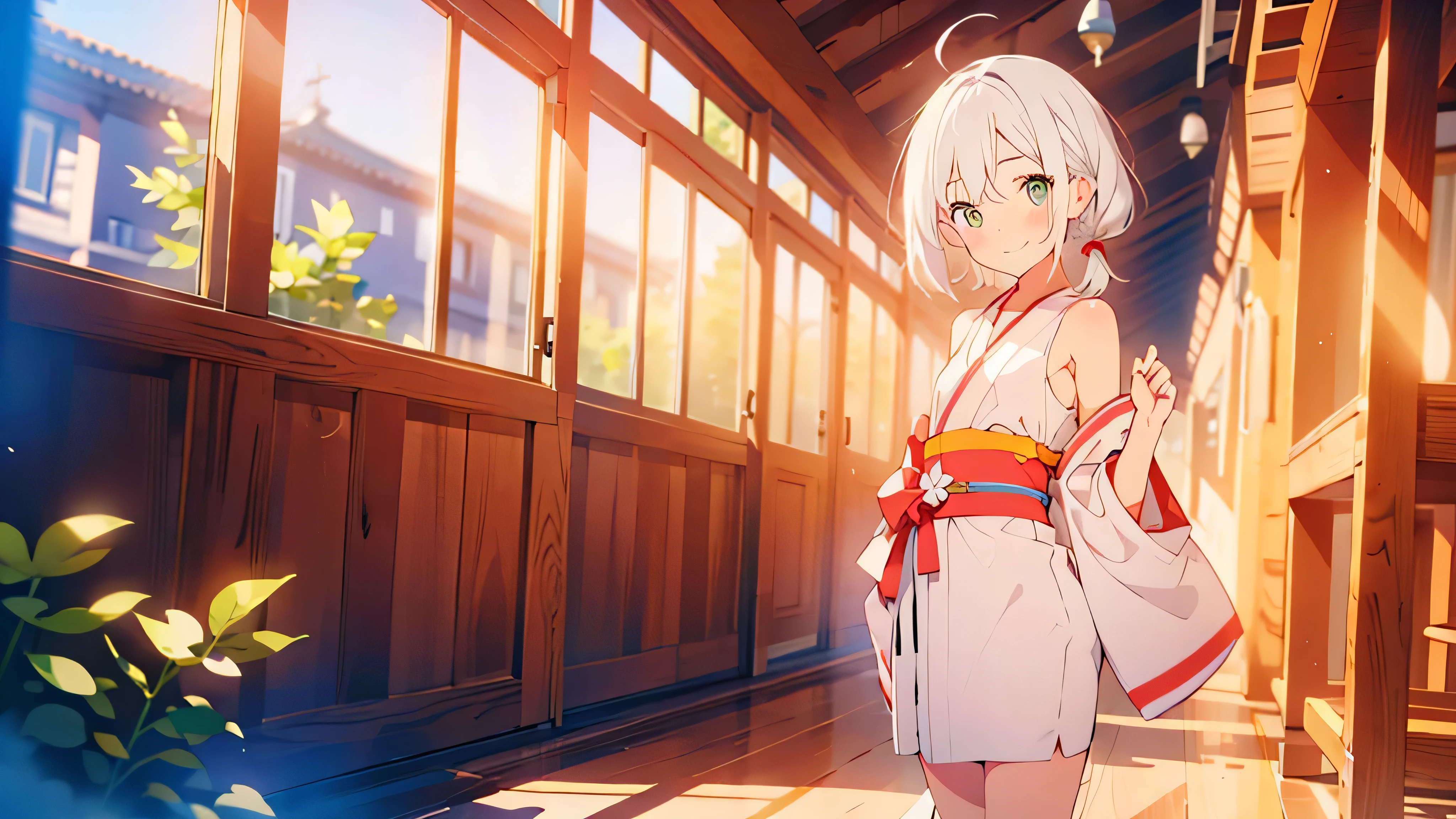 masterpiece, best quality, (((color trace))),looking at viewer,((short stature))
1girl, solo, open eyes,smile, standing, ((( white hair ))),green eyes,grim eyes, pigtail, blush, shortcut hair, small breasts, bare shoulders,day,Shrine eaves,kimono,Miko costume,indoor