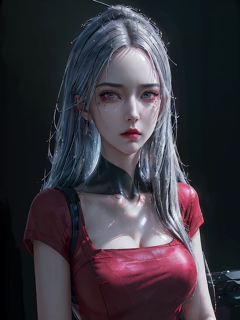 1girl, red shirt, cyber cloth, futuristic cloth, black glasses, beautiful detailed eyes, beautiful detailed lips, extremely detailed face and eyes, long eyelashes, cyborg, cyberpunk, ultra-detailed, (best quality,4k,8k,highres,masterpiece:1.2),ultra-detailed,(realistic,photorealistic,photo-realistic:1.37),HDR,UHD,studio lighting,ultra-fine painting,sharp focus,physically-based rendering,extreme detail description,professional,vivid colors,bokeh,cyberpunk,neon lights,dramatic lighting,moody atmosphere