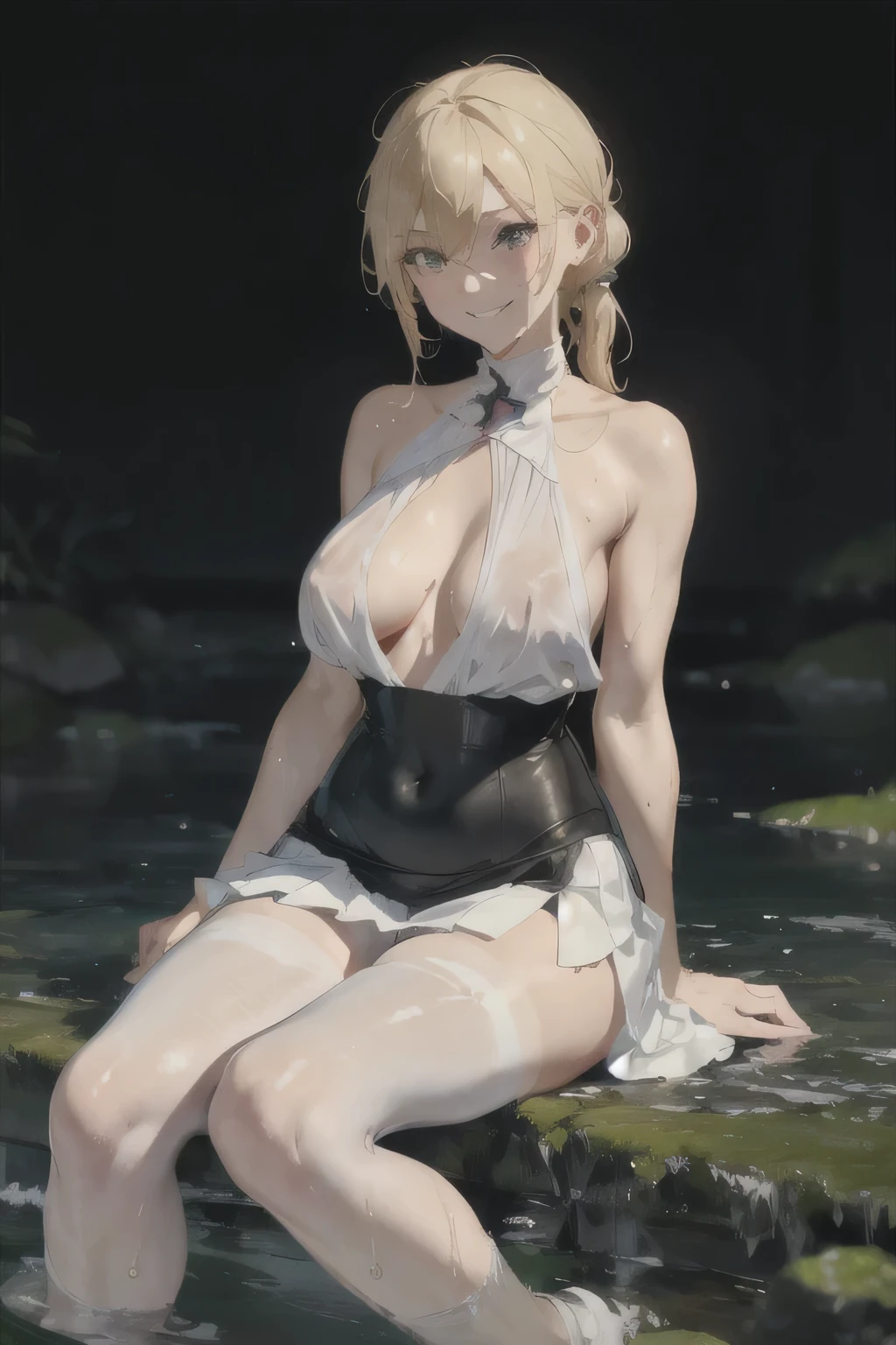 female,Round Face,Solitary,sports,Relax,blond,elegant,whole body,Chinese element pattern,(Open your legs),(((Exposing thighs))),full,Transparent hollow deep V camisole top,((White skirt)),stocking,leggings,(Brushstrokes,Impressionism,painting,Rich scenery),Disheveled,Chest contour,(((Wet clothing))),(((Ultra-thin clothing))),((Flesh outline)),Grinning