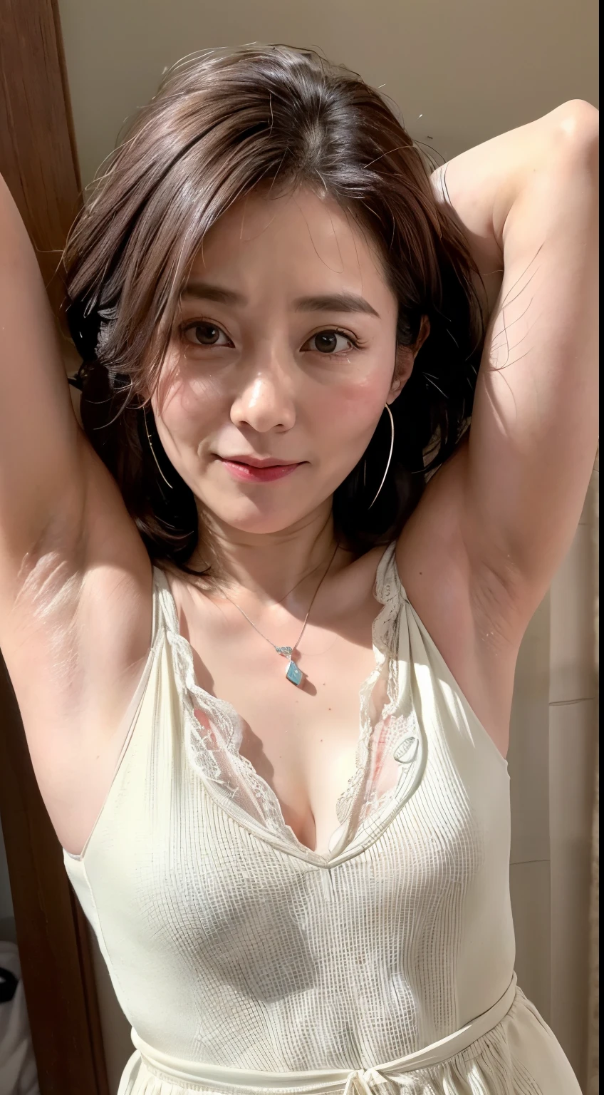(Realistic:1.3、Ultra HD、Ultra-high resolution、8k、Japanese Housewife、At work、White collared shirt、Sleep on your back)、((Looking into the camera:1.8))、(Extremely realistic skin texture:1.4)、(Realistic:1.3)、short hair、(Embarrassed look:1.5)、(blonde:1.1)、(40-year-old woman、Mature Woman)、Ponytail hairstyle、(Lift your left arm and show your armpit:1.3)、(Armpit close-up:1.4)、(Shooting from the side:1.2)、necklace、Earrings