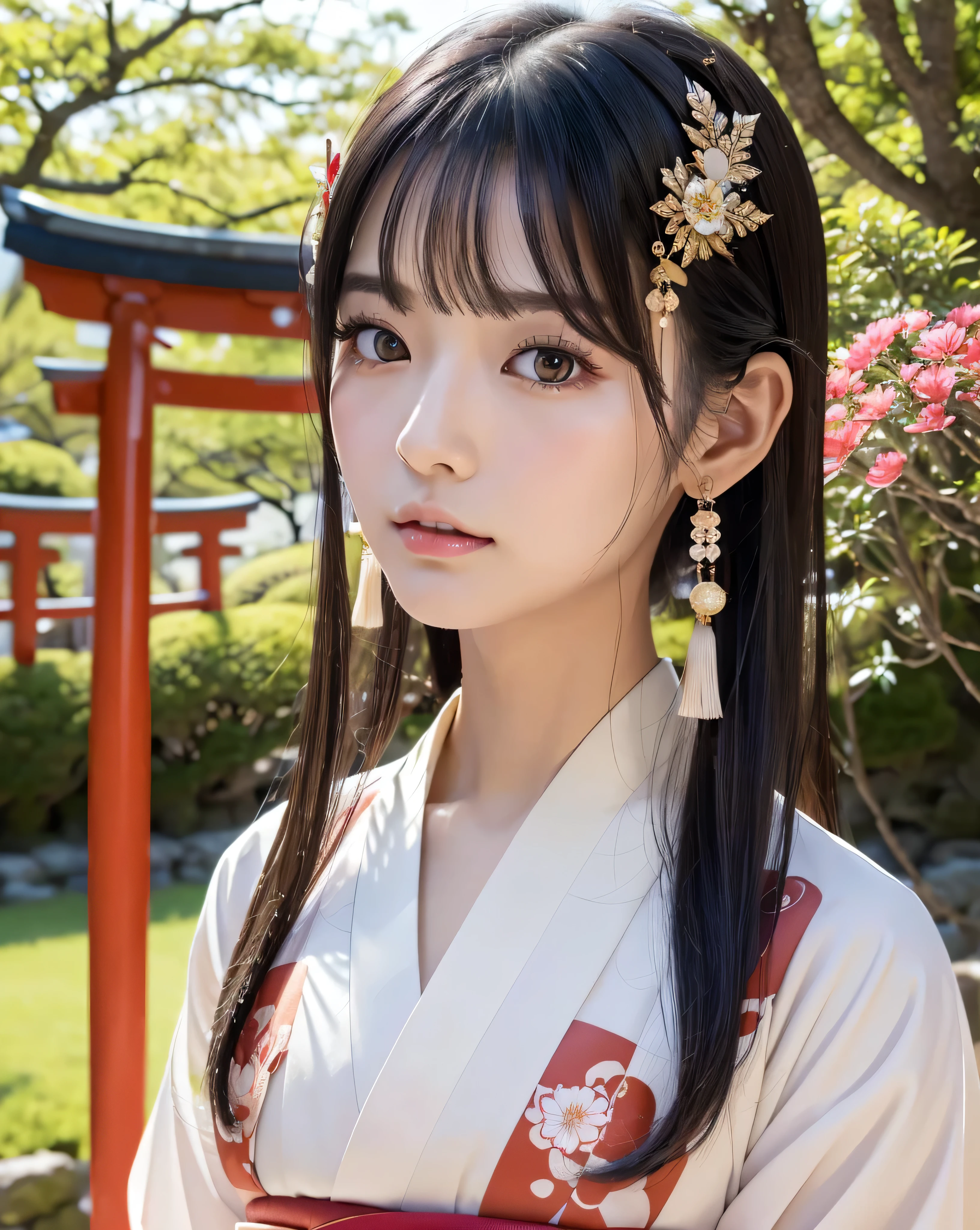 (highest quality, 32k, High resolution, Masterpiece:1.5, ), marimo_jet, god々A photograph with brilliant dazzling and healing power., Evoking a sense of calm and elusive beauty, God's chosen shrine maiden princess々New Dance, Expressing emotions, Have a rich imagination, Beautiful Japanese Girls, An exceptionally beautiful face, Small Face Beauty, Perfect Human Anatomy, Magical big eyes, Motherhood and generosity, Deep Love, Fleeting Expression, ((Shiny black hair:1.1)), ((Half-up hairstyle with crystal ornaments:1.1)), Asymmetrical bangs, Hair between the eyes, Transparent, soft white skin, Sharp eyebrows, Thin lashes, ((Natural Makeup:1.1)), Cheek highlighter, Pale pink detailed lips, ((Japanese traditional shrine maiden clothing:1.3)), Red belt, Slim figure, ((The beautiful and dignified God Company:1.2)), Gentle sunlight filtering through the treesProfessional lighting, Professional photographer, Professional models, God's Secret
