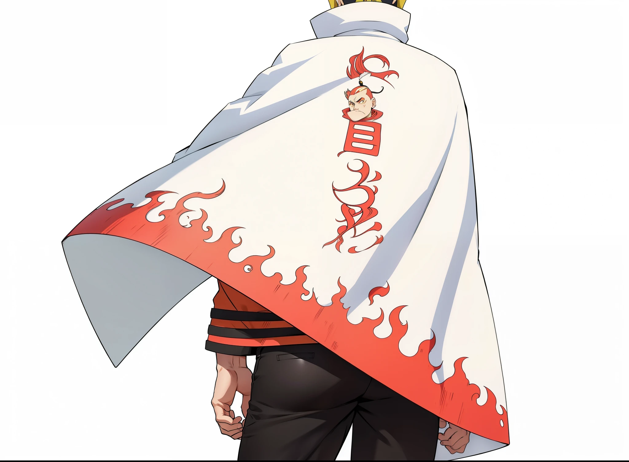 Naruto adulto, extremamente realista, muito lindo, de costas, usando uma capa branca, com detalhes vermelho fogo, black pants, sapato preto, cabelo amarelo, 