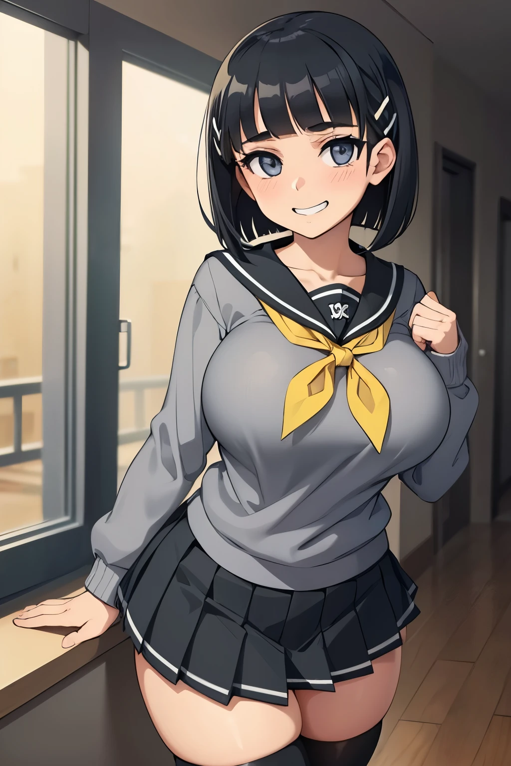 1 hot girl, dark hair, dark grey eyes, grin, gorgeous, aasugu, short hair, hairclip, grey sweater, black sailor collar, yellow neckerchief, black skirt, huge breasts, thighhighs