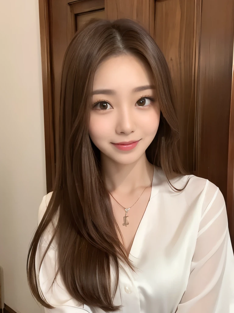 A beautiful Japanese shy girl, 18 years old, short brown hair, brown big eyes, shiny lip, shiny hair, ecstatic expression, in living room, in front of door, dining room, The background is very blurry, wearing suit over white blouse, wearing neckless,
