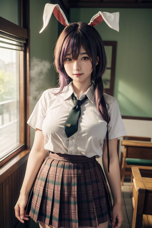 Sauna room , steam , waistband of skirt is at the point above chest , plaid skirt , pleated skirt , Tight shirt , white Shirt , school girl , skirt under breasts , skirt is near breasts area , skirt is adjacent to the chest , (masterpiece, best quality, hires, high resolution:1.2, 4k, 8k , high quality), extremely detailed, realistic, intricate details, highres, 1girl, solo, (large breasts, thick thighs, wide hips), arched back,(cinematic lighting, sunlight, perfect lighting, backlighting), eye-level shot, extreme close-up-shot, looking at viewer, , green skirt nakano_yotsuba_ecsta, blue eyes, orange hair, hair ribbon, nakano yotsuba, short hair, green ribbon, hair between eyes , big breasts , big tits , masterpiece, best quality, 1girl,smile,reisen udongein inaba, purple hair,very long hair, rabbit ears, red eyes,black jacket,pink skirt,necktie,