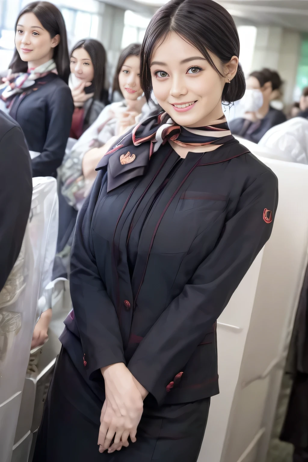 (masterpiece:1.2、highest quality:1.2)、32K HDR、High resolution、(alone、1 girl、Slim figure)、(Realistic style of JAL cabincrew uniform)、 (At the airport counter, Professional Lighting)、A proper woman, Beautiful Face,、(Black JAL cabincrew uniform)、(Long sleeve JAL flight attendant uniform)、(Scarf around the neck)、Big Breasts、(Long Hair Up、Hair Bun)、Dark brown hair、Long Shot、((Great hands:2.0))、((Harmonious body proportions:1.5))、((Normal limbs:2.0))、((Normal finger:2.0))、((Delicate eyes:2.0))、((Normal eyes:2.0)))、Beautiful standing posture、smile