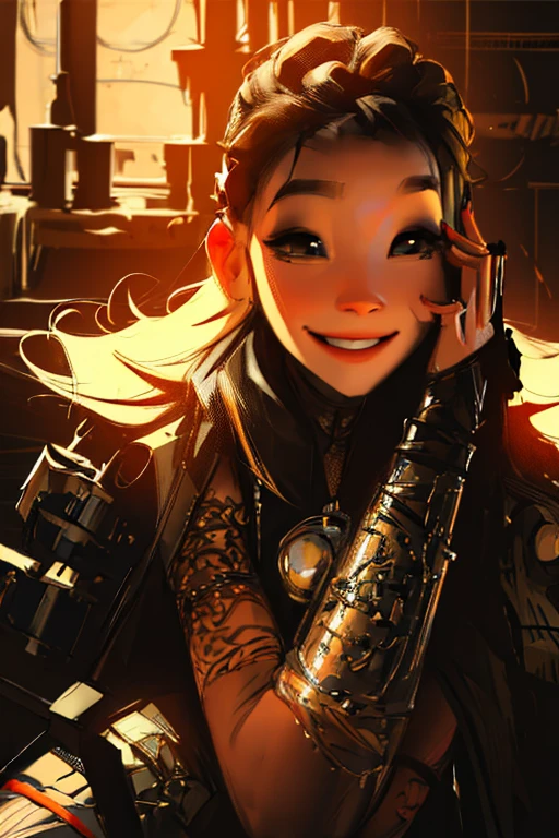 Samyang smiling 1girl with bionic arms in steampunk fashion, captured in ultra high resolution with photorealistic and beautiful lighting. This masterpiece is of the best quality and is set against a zentangle abstract background (weighted at 1.4).