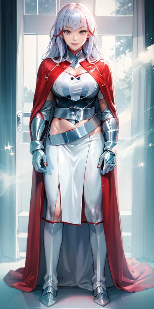 1girl full body standing, nice ass, Hairstyle with a braid, white colored hair, Yellow eyes, perfect lighting, muscular, thighs, mature woman, mummy, bellybutton, Abs, looks at the viewer (masterpiece, HI quality: 1.1) smile, Extremely huge breasts, Maternal, porcelain skin, extra very long hair, sparkly skin, good face, chest cover