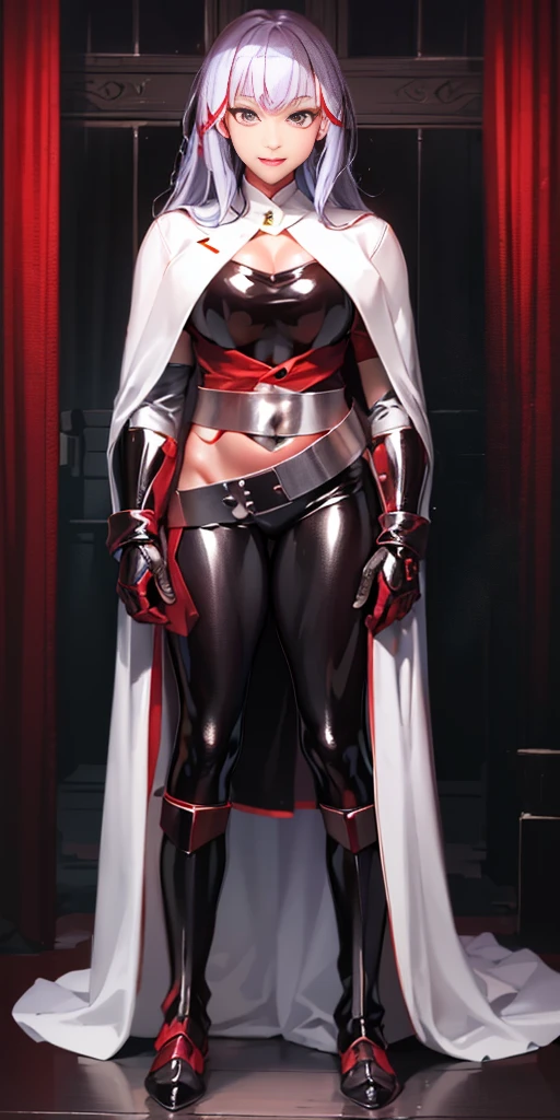 1girl full body standing, nice ass, Hairstyle with a braid, white colored hair, Yellow eyes, perfect lighting, muscular, thighs, mature woman, mummy, bellybutton, Abs, looks at the viewer (masterpiece, HI quality: 1.1) smile, Extremely huge breasts, Maternal, porcelain skin, extra very long hair, sparkly skin, good face, chest cover
