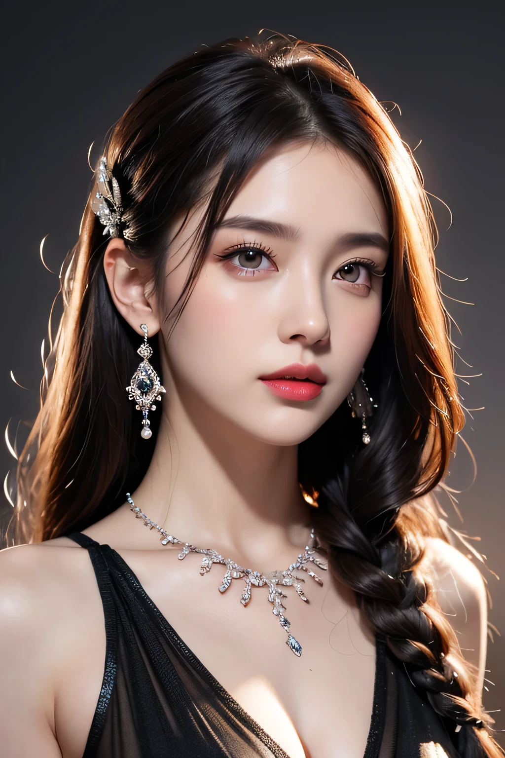 High-quality work，Realistic works，Super premium graphics，8K HD CG works，high quality graphics，High-definition and exquisite CG works，10x pixels，Ultra-fine details：1.1，Advanced technical details：1.1Realistic photo effects，Interior lighting effects：1.5，natural soft light：1.5. Light effect（Virtual light effects：1.8），Ultra-high resolution，shining dress，sliver long hair，silber hair，transparenthair，high detailed hair（Quality hair details：1.1）Clear eyes，Double eyelids look good，Sharp eye makeup, Create exquisite eyelash makeup, tthin eyebrows, Ultra-detailed eyes，a tall nose, lovely red lips, rosey cheeks, With delicate makeup on her face , pretty face, The face shape is perfectly proportioned,（Advanced facial details：1.1） vibrant colors, female, masterpiece, sharp focus, best quality, depth of field, cinematic lighting, white hair, red eyes, braid, dress, long hair, red eyes, tattoo, earrings, jewelry, black dress, hair ornament, bangs, chinese clothes, breasts, china dress, sleeveless, ，Women's artwork，Dress full body video，Reality，Amazing Cleavage，My eyes are very bright today
