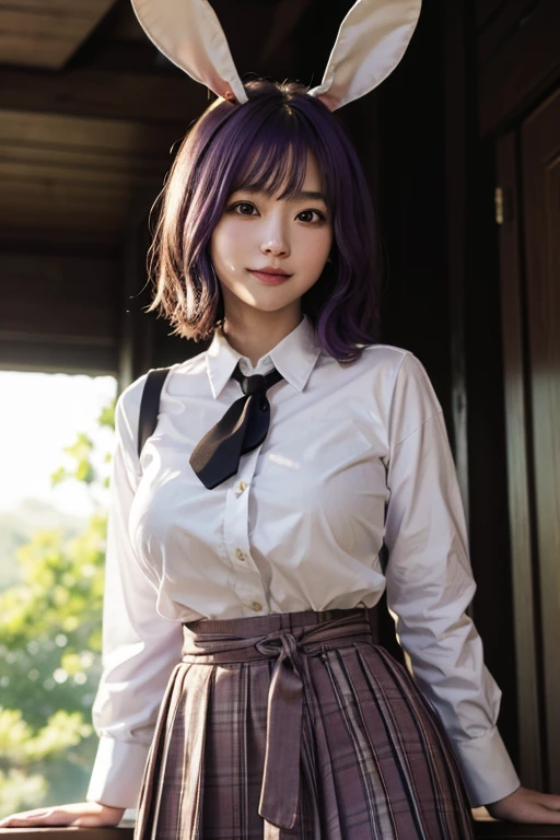 sit in Sauna room , steam , waistband of skirt is at the point above chest , plaid skirt , pleated skirt , Tight shirt , white Shirt , school girl , skirt under breasts , skirt is near breasts area , skirt is adjacent to the chest , (masterpiece, best quality, hires, high resolution:1.2, 4k, 8k , high quality), extremely detailed, realistic, intricate details, highres, 1girl, solo, (large breasts, thick thighs, wide hips), arched back,(cinematic lighting, sunlight, perfect lighting, backlighting), eye-level shot, extreme close-up-shot, looking at viewer, , green skirt nakano_yotsuba_ecsta, blue eyes, orange hair, hair ribbon, nakano yotsuba, short hair, green ribbon, hair between eyes , big breasts , big tits , masterpiece, best quality, 1girl,smile,reisen udongein inaba, purple hair,very long hair, rabbit ears, red eyes,black jacket,pink skirt,necktie,