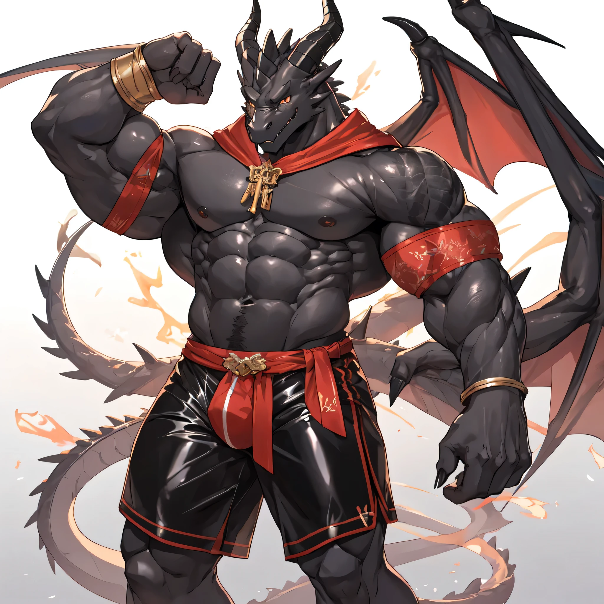 masterpiece, Anthropomorphic Black Dragon, ,There is a pair of beautiful dragon horns., Black Dragon Scales,1 tail, very muscular body, nice, Shorts only full body rubber suit 8 packs of firm abs Amazing arm muscles good looking Pants down I can see my crotch Erotic Muscular arms I can put strength in my arms Skin radiance beautiful abs priest clothing