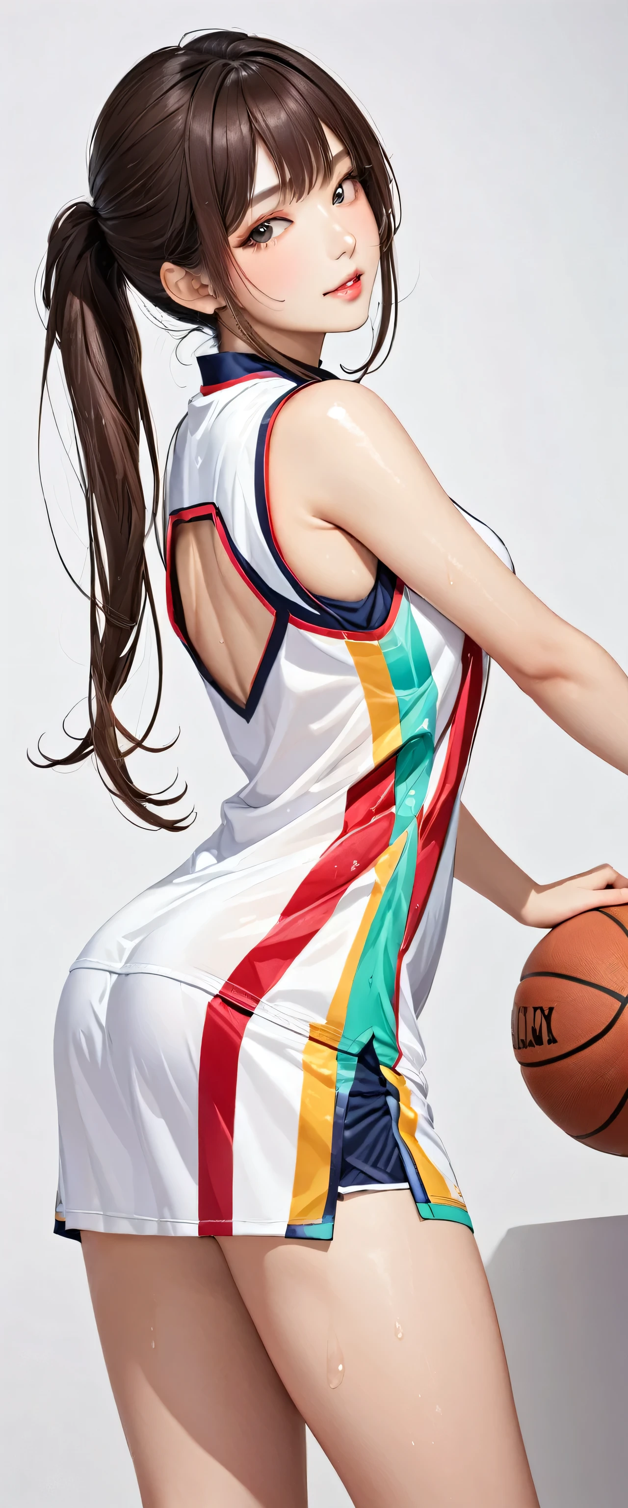 (masterpiece,highest quality,超A high resolution),Japanese women, (((Very beautiful 25 year old girl))), pretty girl、Look at the photographer､  ((Beautiful low ponytail)), Very cute face, Glossy lips, Double eyelids on both eyes,Natural smile、 Natural Makeup, Long eyelashes, Shiny and smooth hair､Center image,  Perfect limbs, Perfect Anatomy,(((Basketball Sleeveless Uniform)))、,(Wet with sweat),,Looking Back、Full body portrait、Long legs、Panty lines are visible、