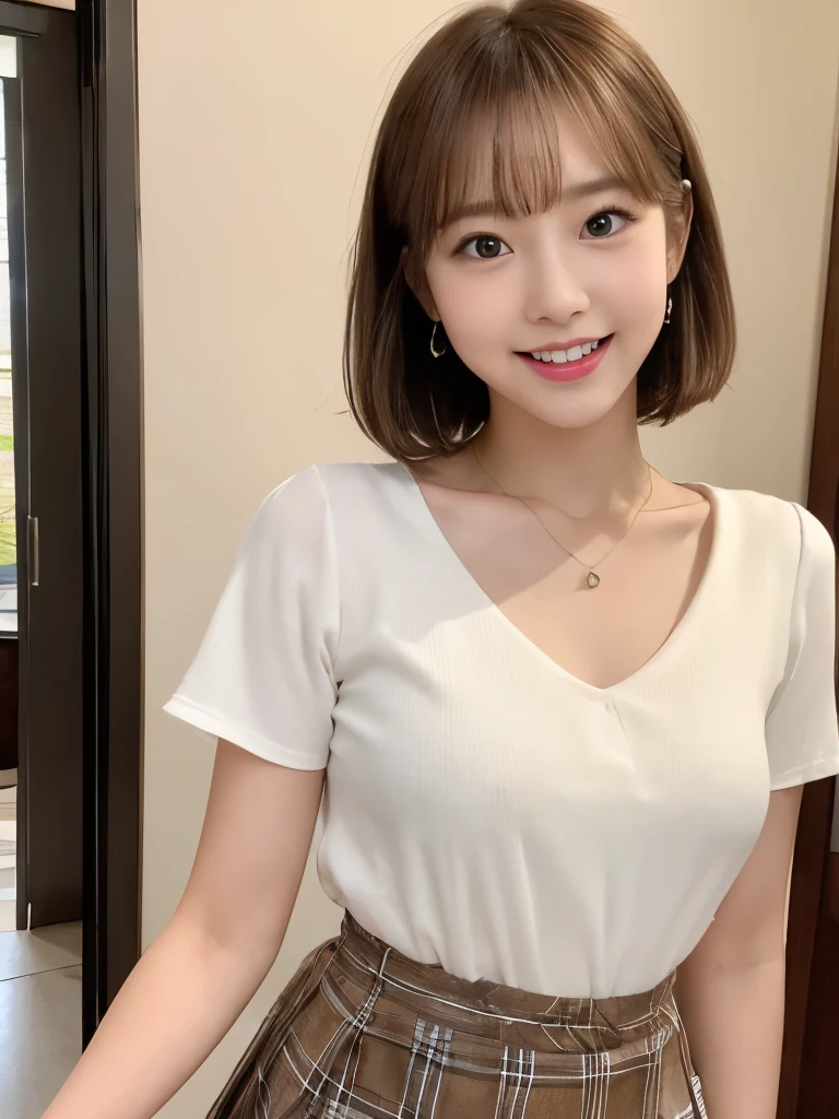 A beautiful Japanese shy girl, 18 years old, short brown hair, brown big eyes, shiny lip, shiny hair, ecstatic expression, in living room, in front of door, dining room, The background is very blurry, wearing solid white blouse, plaid skirt, wearing neckless,