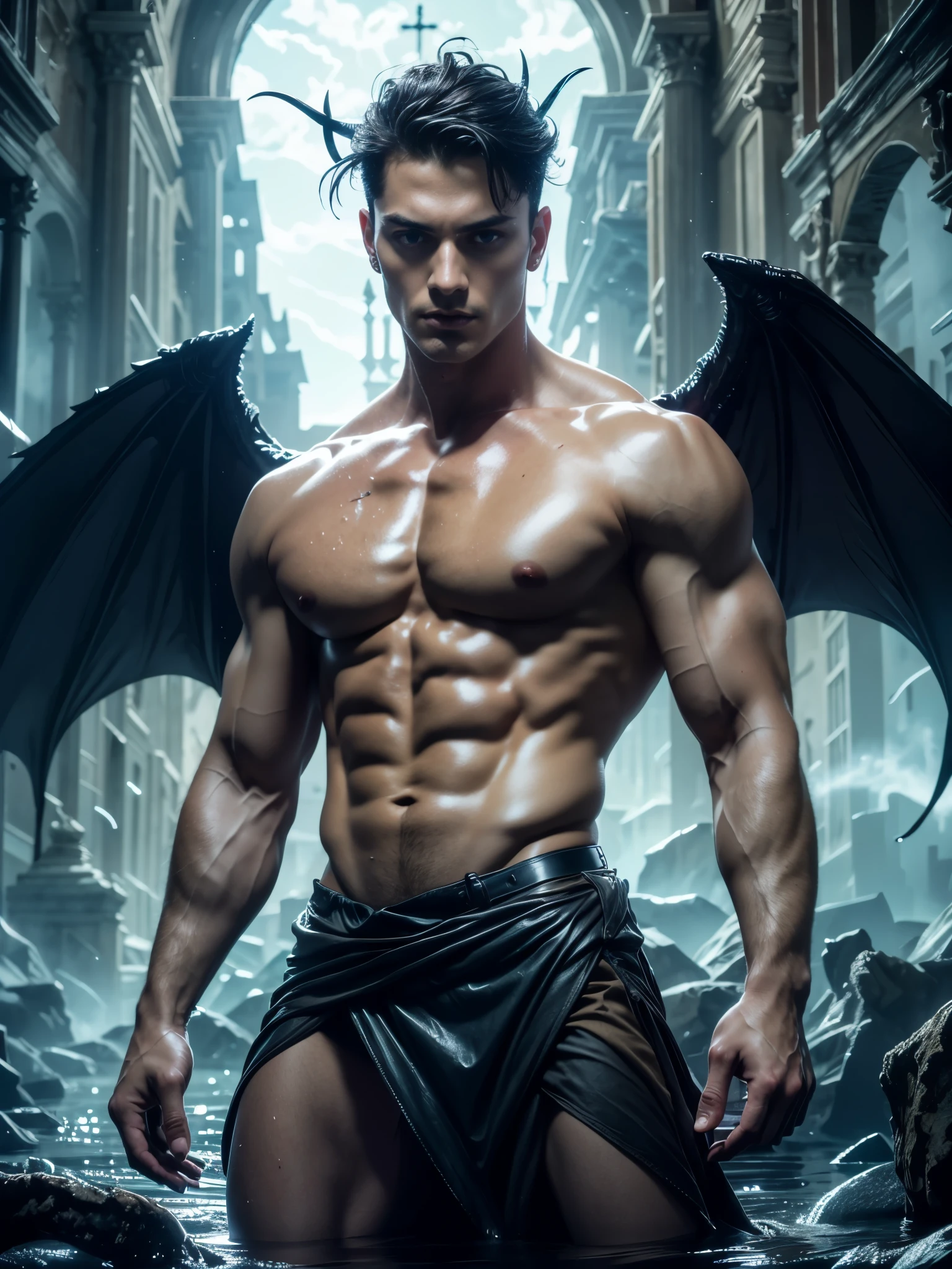 Photo-realistic, ((best quality)), ((masterpiece)), (detailed), perfect face, short hair, the devil, masculine portrait of the devil, personification of The Devil, evil look, super pale skin, dark massive huge majestic black angel wings, black dragon horns, 18-year-old, super male model, handsome, tall, cute evil looking, dark look powerful, young male model, handsome mythical creature, super strong, muscular, fit, massive muscles, six pack, clean shave, blue eyes. wavy messy brown hair, short messy hair, messy wavy hair, shirtless, bare-chested, muscle, ripped, strong body, fit body, ancient linen Greek small skirt, antique black linen raped cloth skirt, Dark background 8k, high detailed, ultra-detailed, Stylish Pose, real skin texture, dark cinematic lighting, ruins Gothic cathedral, ruins, fire, flooded
