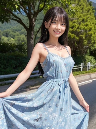 a lot of details, (slender waist), 30 years old, detailed black hair, beautiful detailed hair, super fucking beautiful, complex details beautiful and delicate eyes, perfect hands, (small breasts best quality), perfect and delicate limbs, detailed skin, best quality, ultra-detailed,(cheerful grin:1.5),
countryside, happy, walking, (scratching head:1.2), semi long, (floral pattern dress:1.2), Japanese, Happy Scene, on the road, on the mountain, blue sky and shining lights, with a mountain, with a tree, wide-angle lens