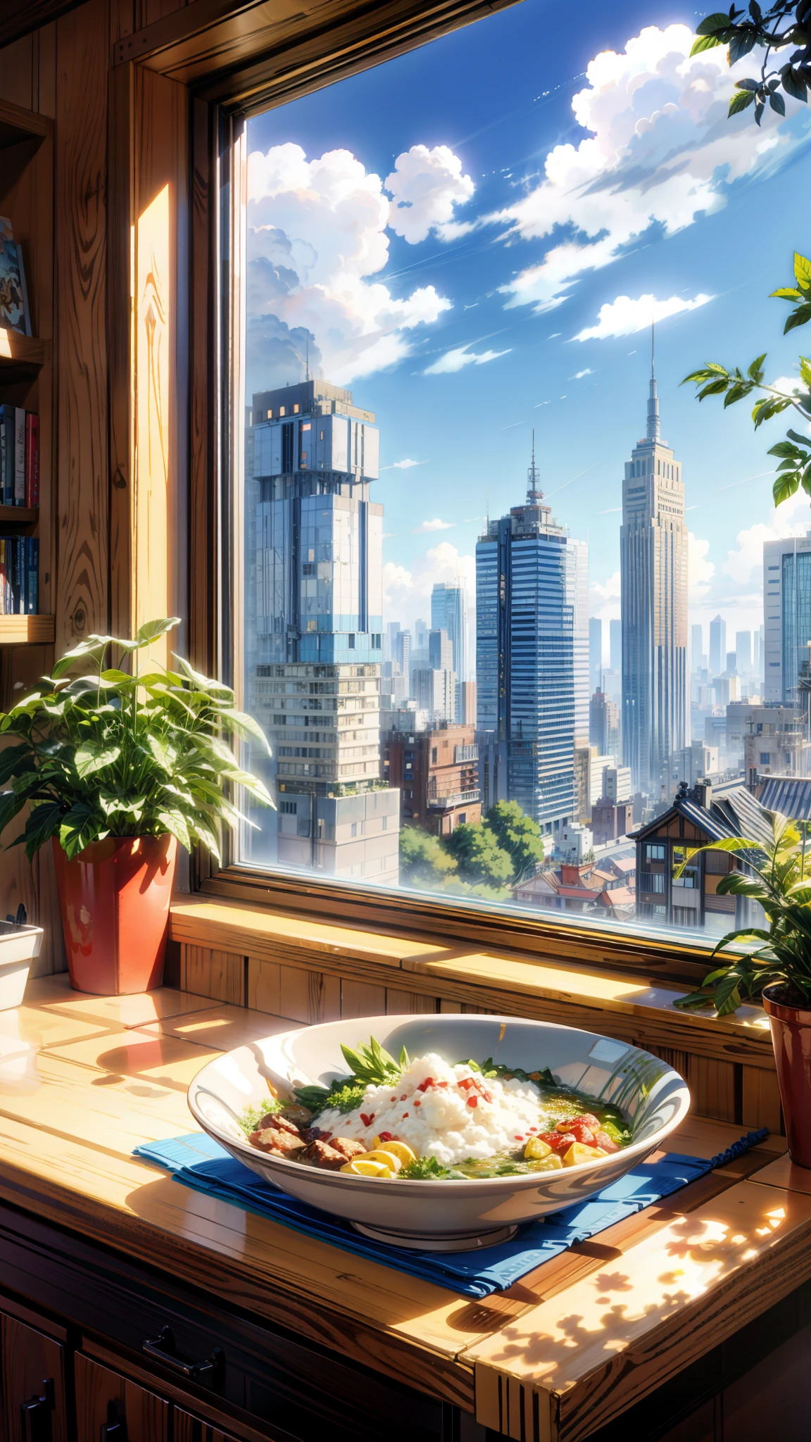 a painting of a bowl of food sitting on a counter in front of a window, hd anime cityscape, anime scenery, anime style cityscape, screenshot from a 2012s anime, cgsociety 9, anime scenery concept art, rio de janeiro in an anime film, still from anime, anime landscape, clean anime art, anime atmospheric, smooth anime cg art, anime background art, anime aesthetic, anime. by makoto shinkai, hd anime cityscape, anime scenery concept art, anime scenery, style of makoto shinkai, makoto shinkai art style, anime. by makoto shinkai, by Makoto Shinkai, by makoto shinkai, anime scenery, kyoto animation, 4k hd,, beautiful art uhd 4 k, a beautiful artwork illustration, beautiful digital painting, highly detailed digital painting, beautiful digital artwork, detailed painting 4 k, very detailed digital painting, rich picturesque colors, gorgeous digital painting, saturated, no human