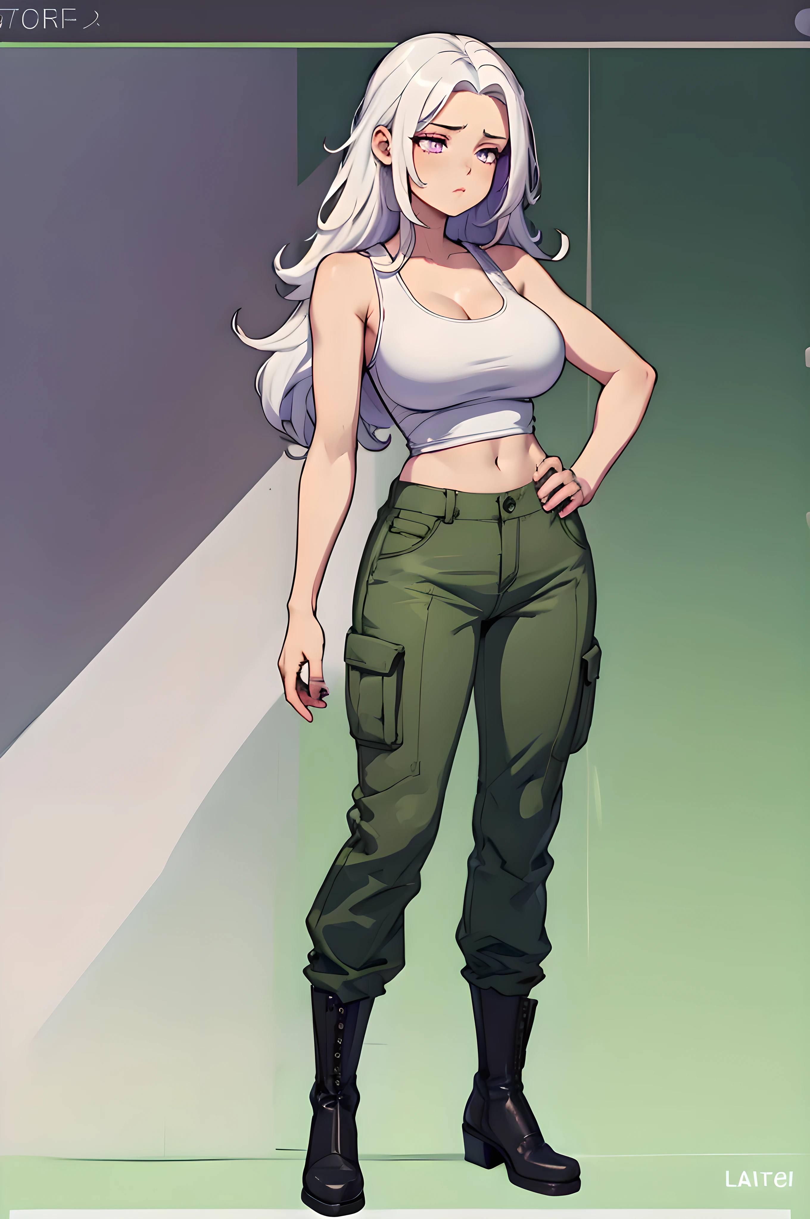 green solid background, 1 woman, best quality, ultra high res, long hair, white hair, purple eyes, military pants, white tank top, sleepy at viewers, double D breast, standing, full body